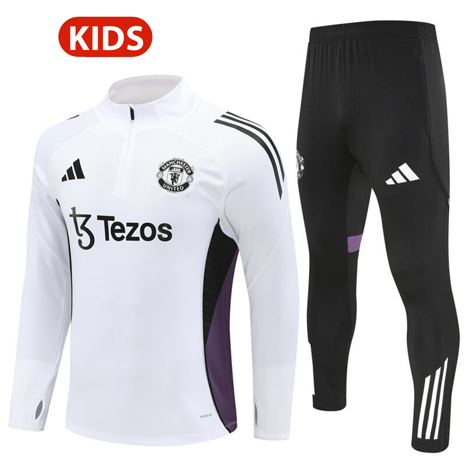 AlphaJersey-Manchester United 25-26 Kids Long Sleeve Training Set - White Top & Black Pants