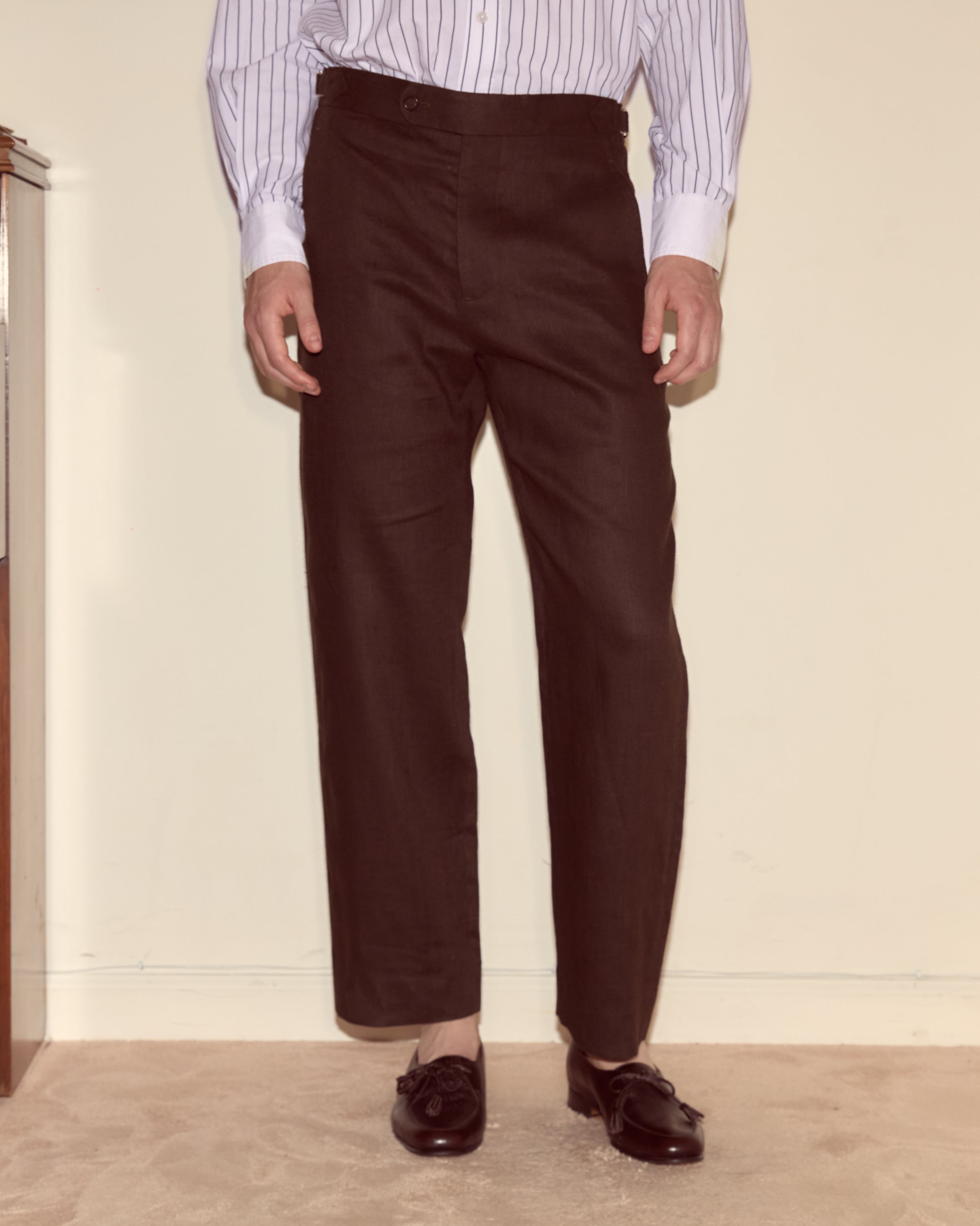 Lightweight Linen Side-Buckle Trousers - Brown/Black | Modern Menswear by yycbvcnbmmnbm