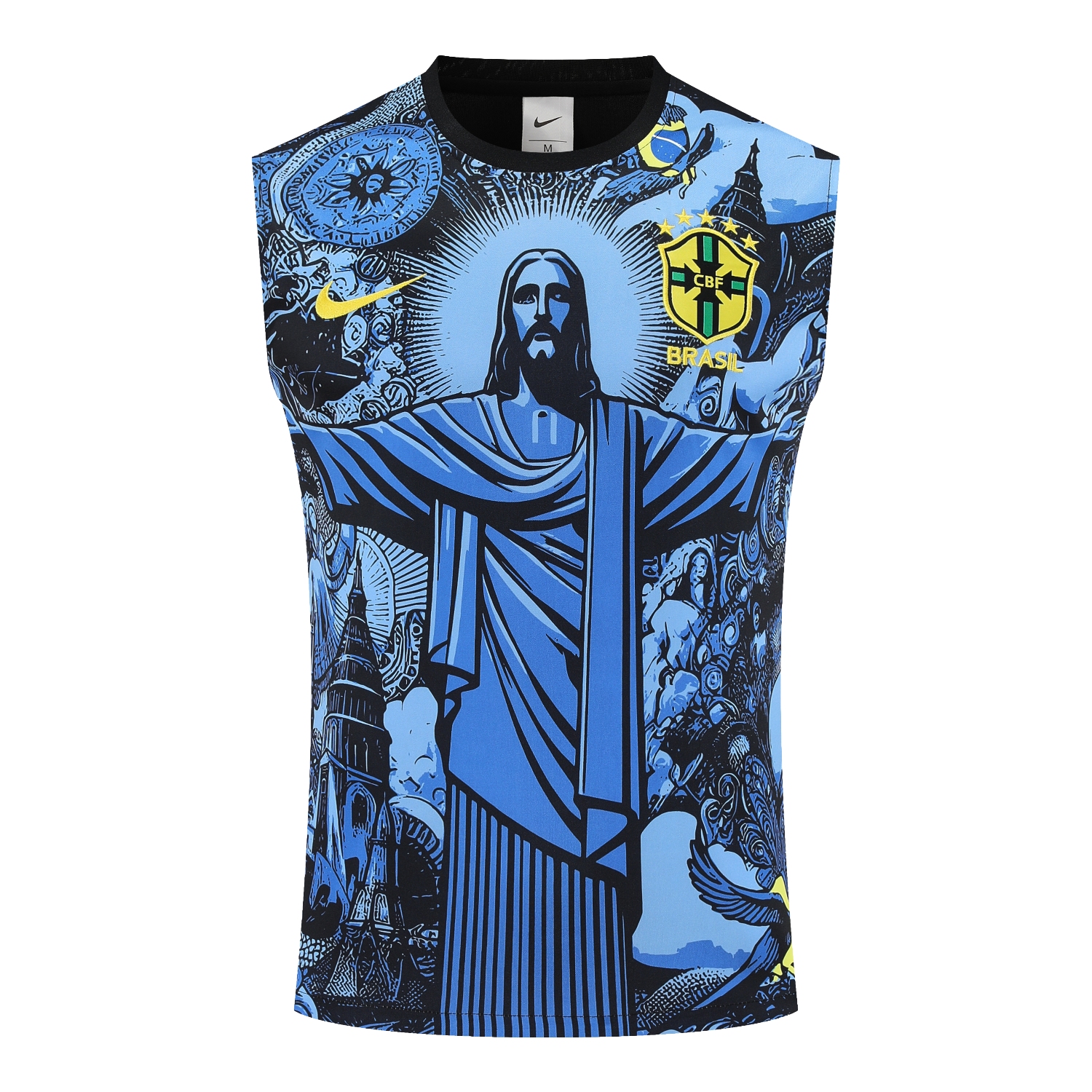 AlphaJersey-Brazil 25-26 Blue Jesus Statue Vest Training Set - Blue Vest & Black Shorts