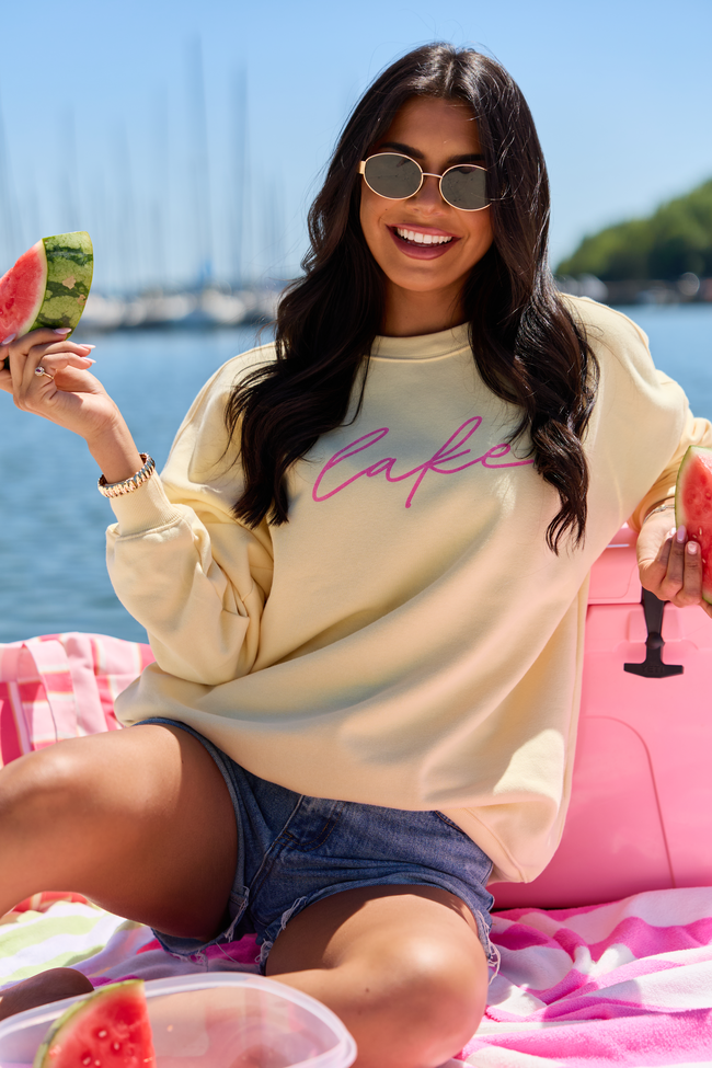 Lake Script Yellow Graphic Sweatshirt | Elegant Women's Fashion by coolavocek