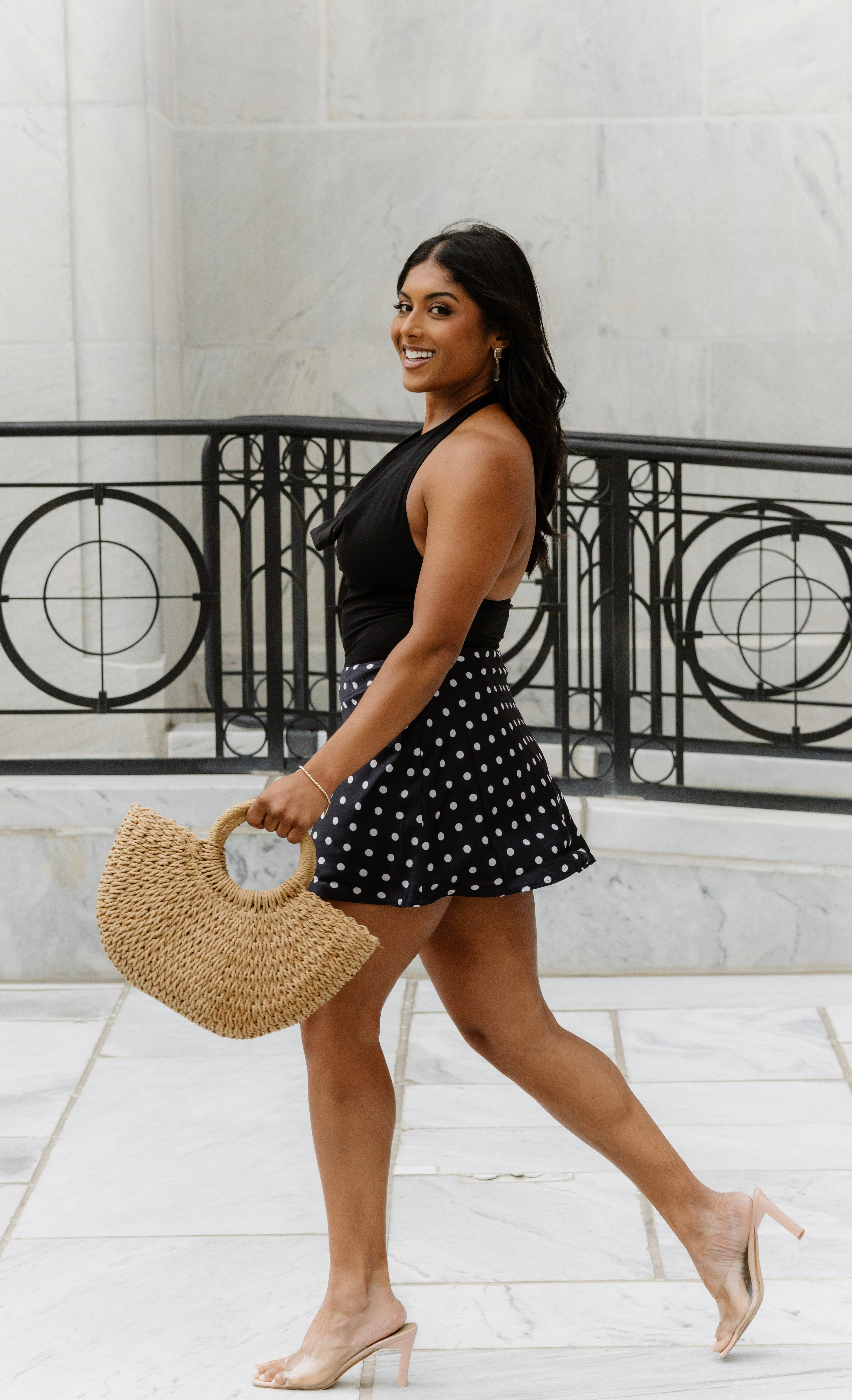 Black Satin Polka Dot Skirt | Elegant Women's Fashion by coolavocek