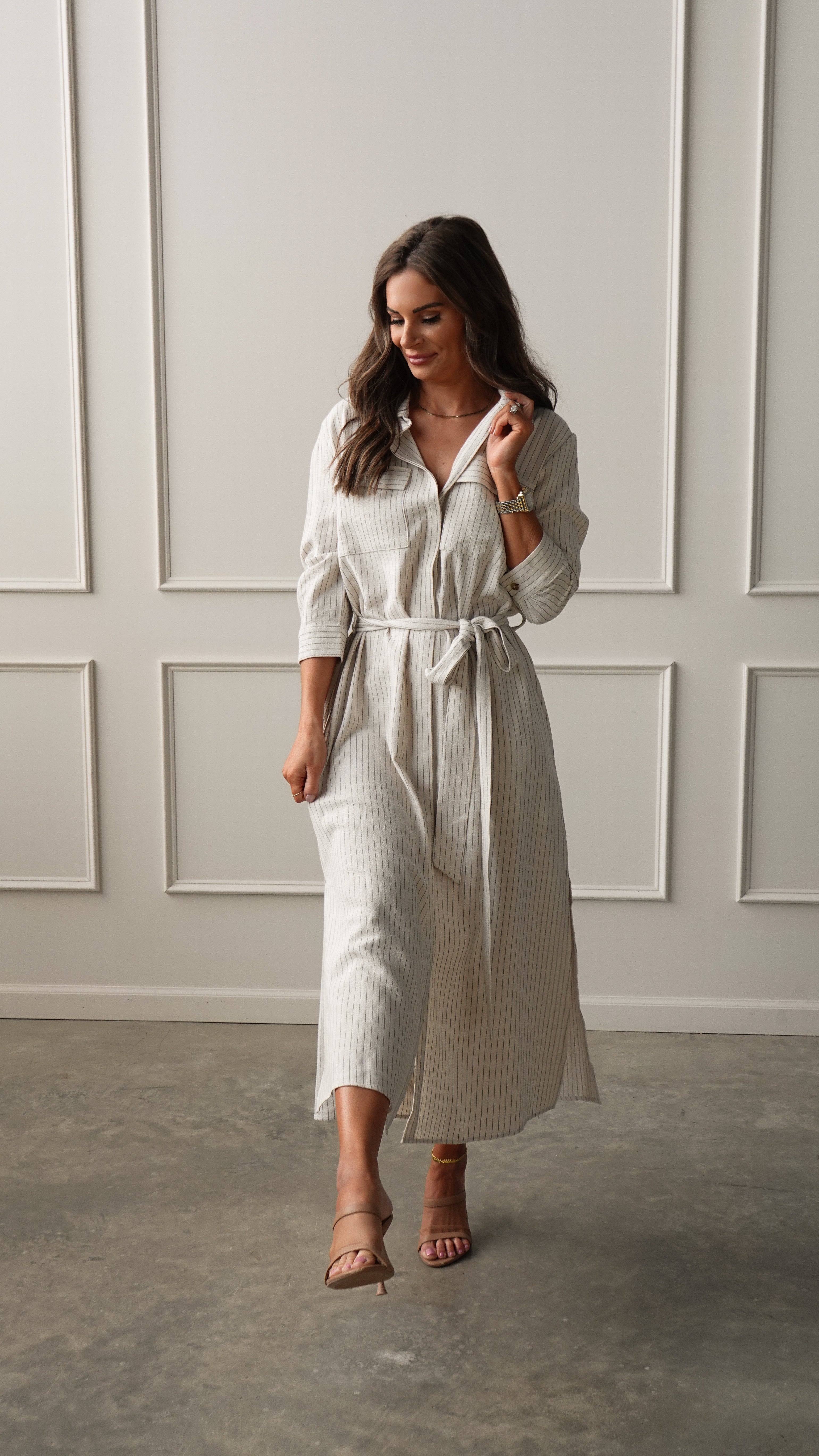 Pinstripe Woven Shirt Dress | Elegant Women's Fashion by coolavocek