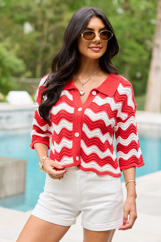 Ariel Red And White Striped Short Sleeve Cardigan | Elegant Women's Fashion by coolavocek