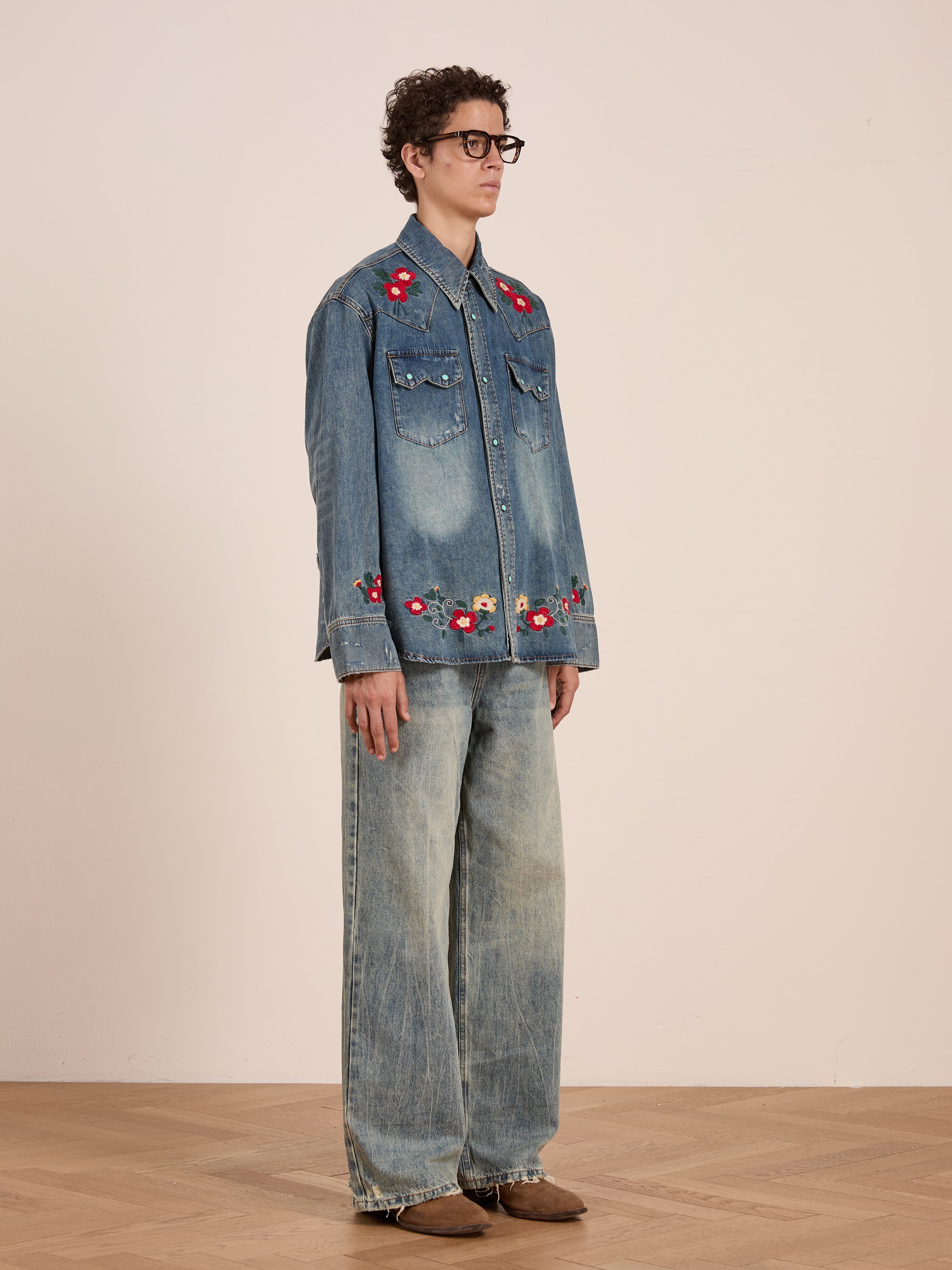 Floral Embroidered Western Denim Shirt | Modern Menswear by yycbvcnbmmnbm