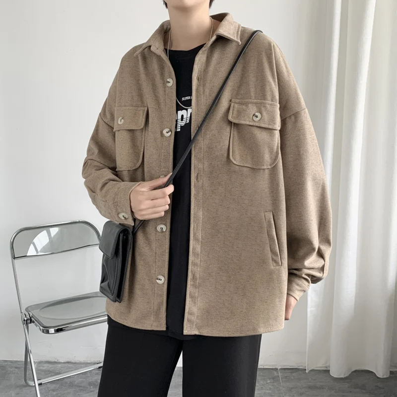 Hanbok Retro Thick Woolen Shirt, Men's Autumn and Winter Long-sleeved Brown Lapel Top, Casual Loose Harajuku Couple Suit