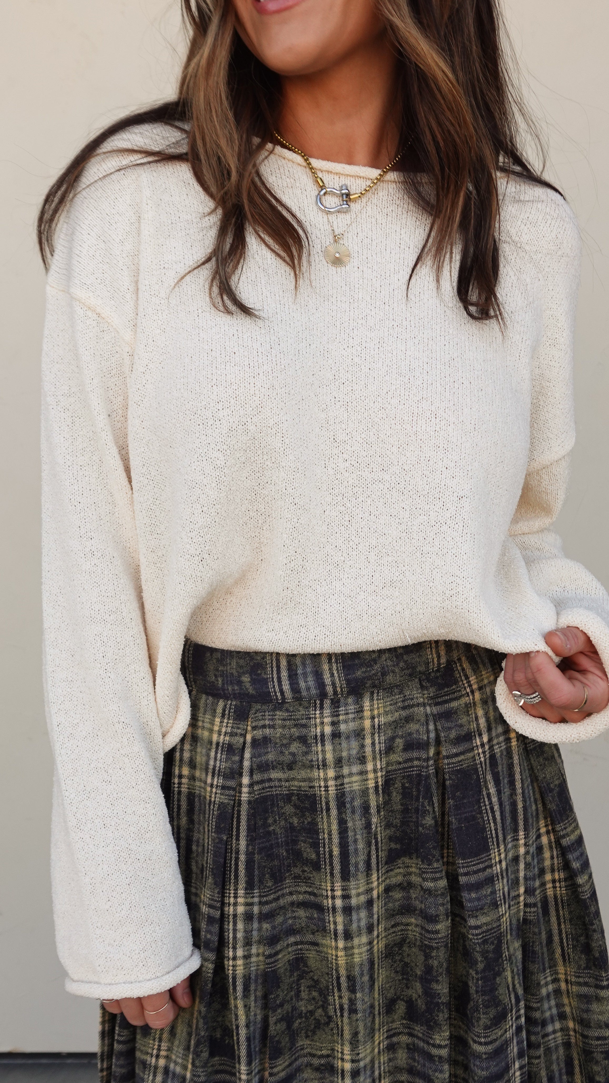 Cream Rolled Hem Sweater | Elegant Women's Fashion by coolavocek