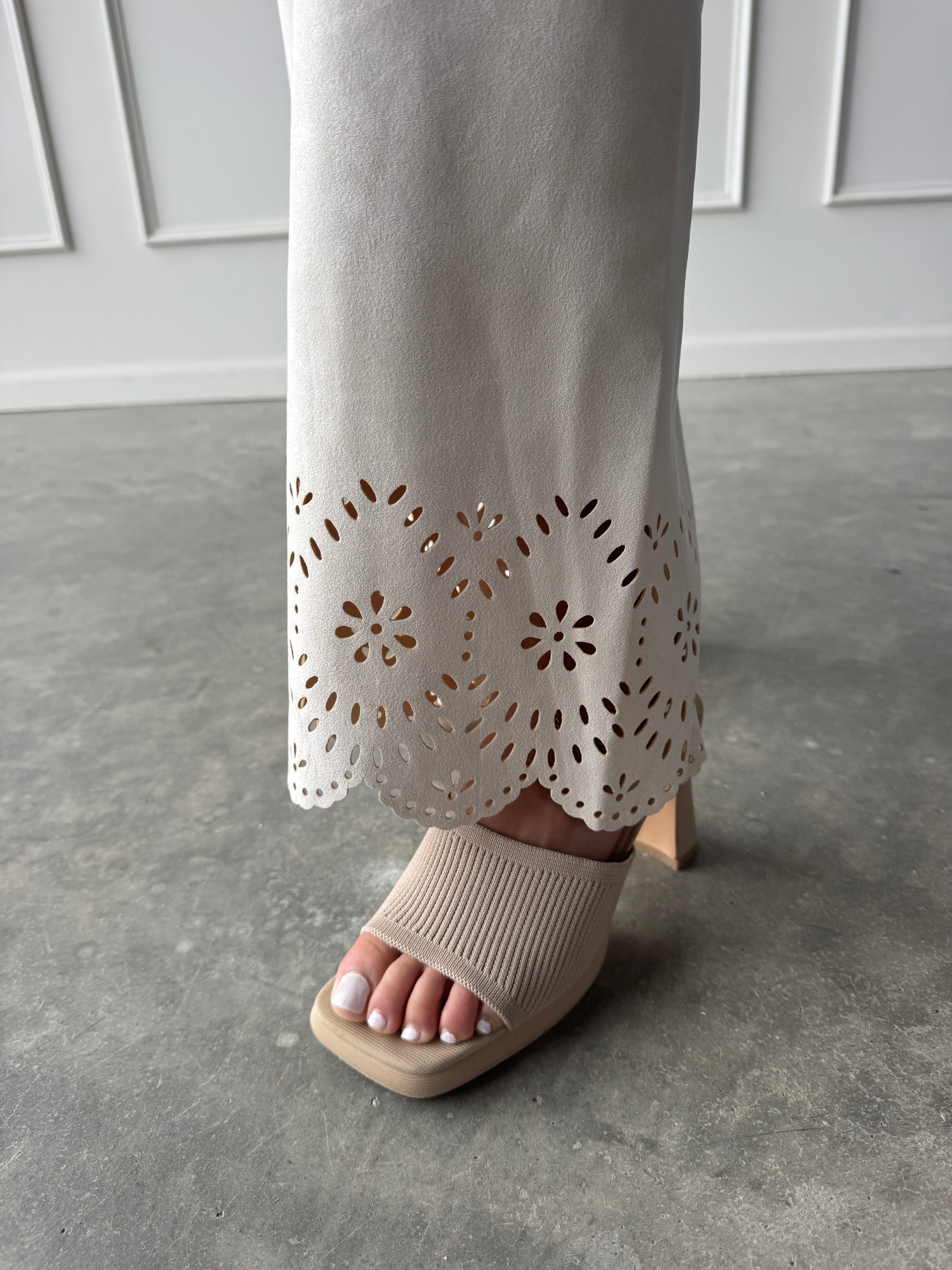 Bone Suede Pant with Eyelet Detail | Elegant Women's Fashion by coolavocek