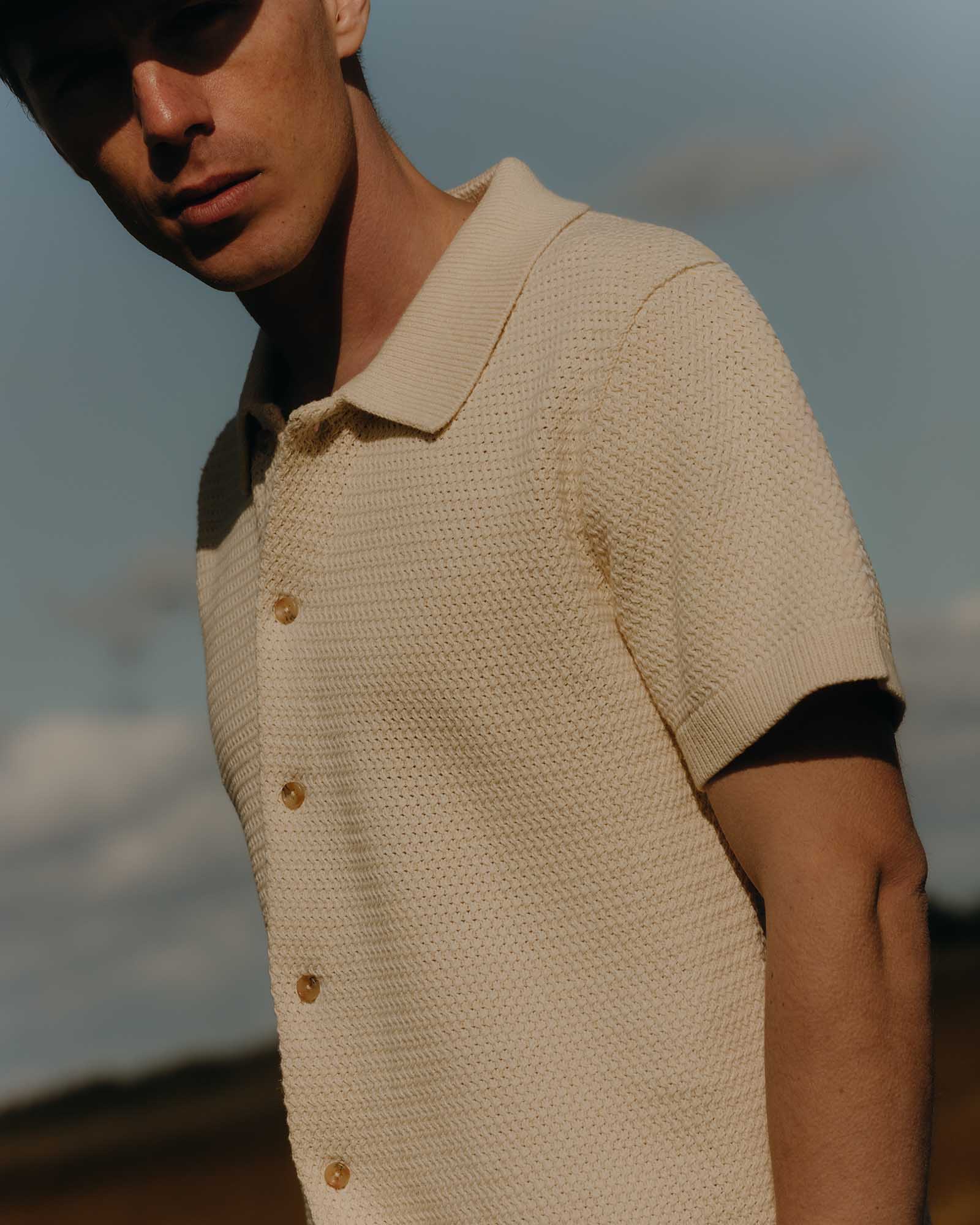 The Button Down Polo in Heather Oat Crochet | Modern Menswear by yycbvcnbmmnbm