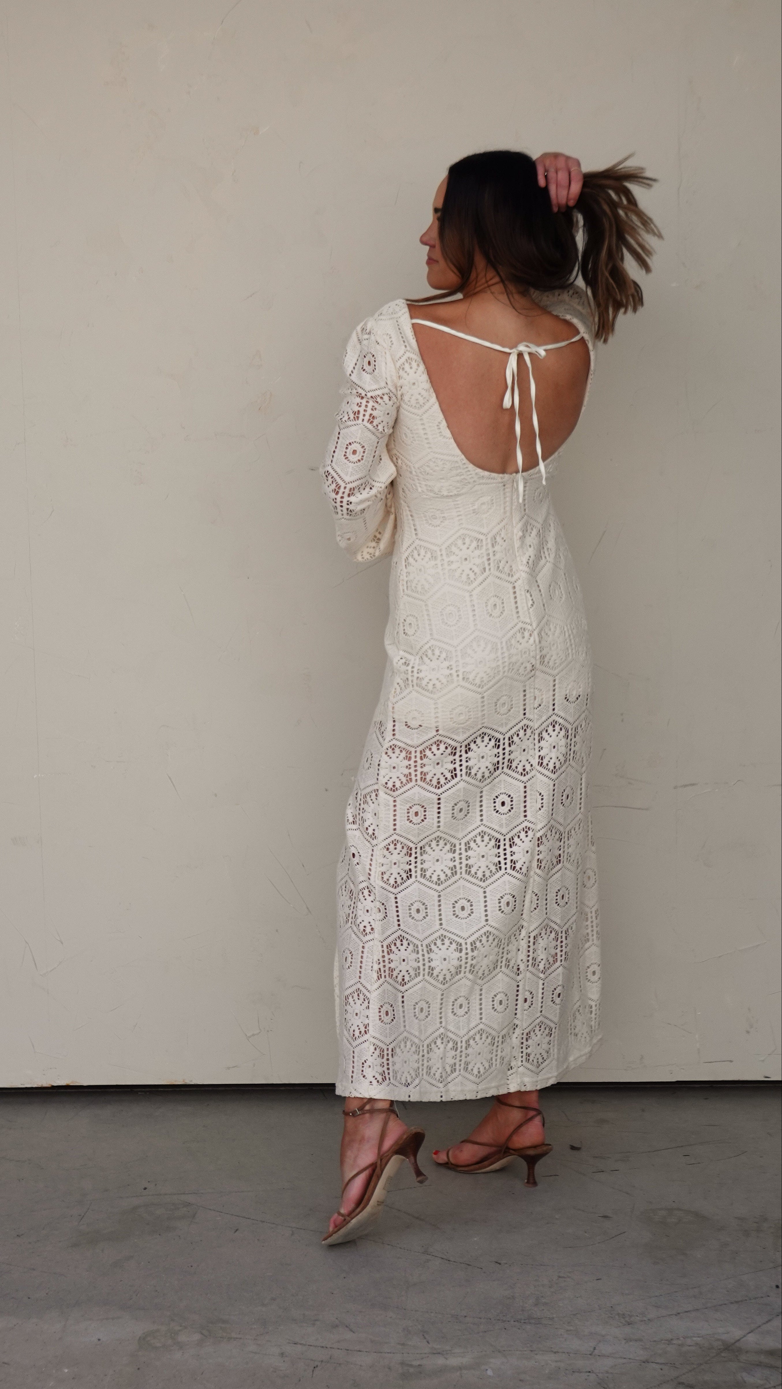 Ivory Crochet Long-Sleeve Maxi Dress | Elegant Women's Fashion by coolavocek