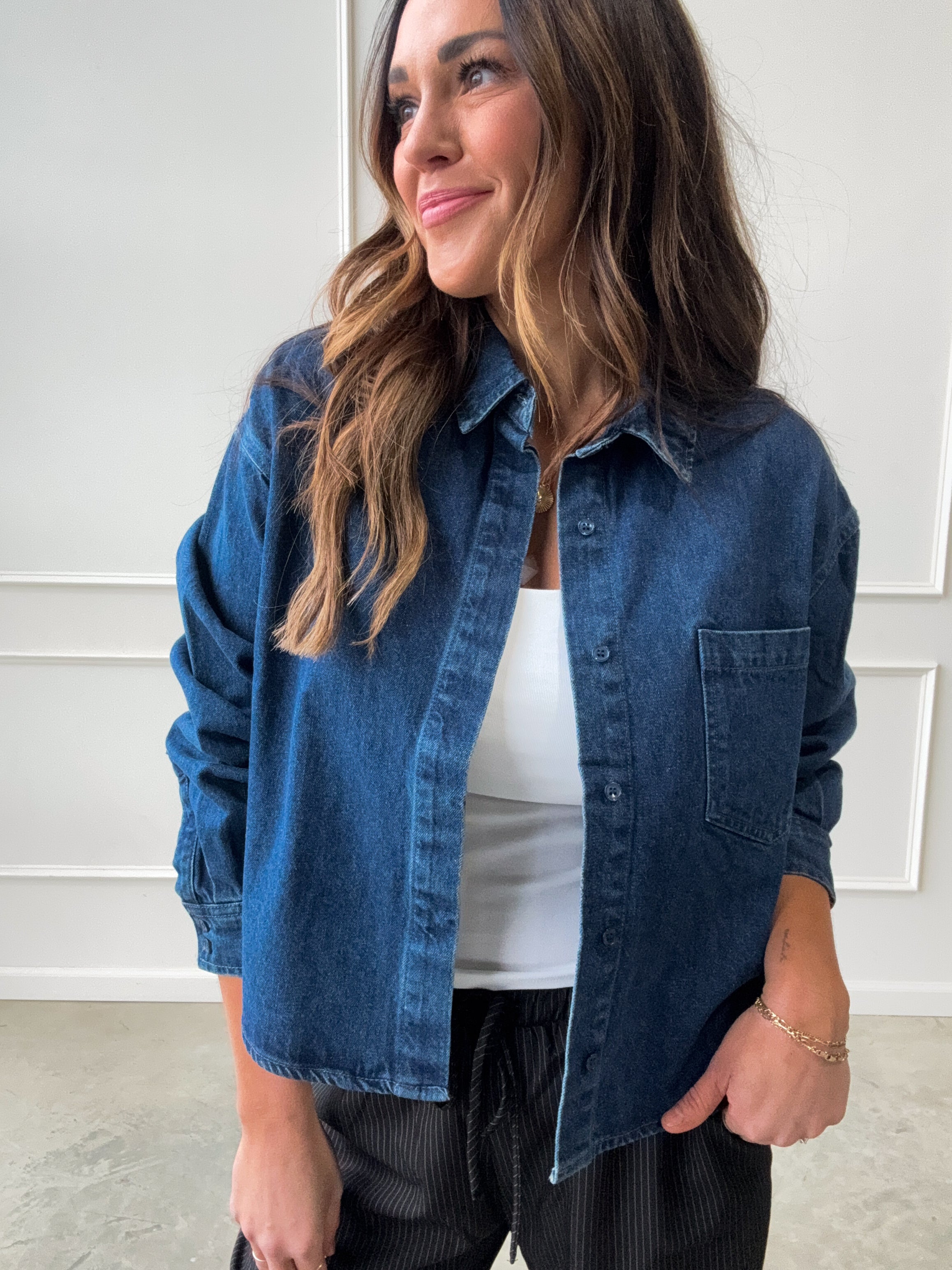 Dark Wash Cropped Denim Shirt | Elegant Women's Fashion by coolavocek