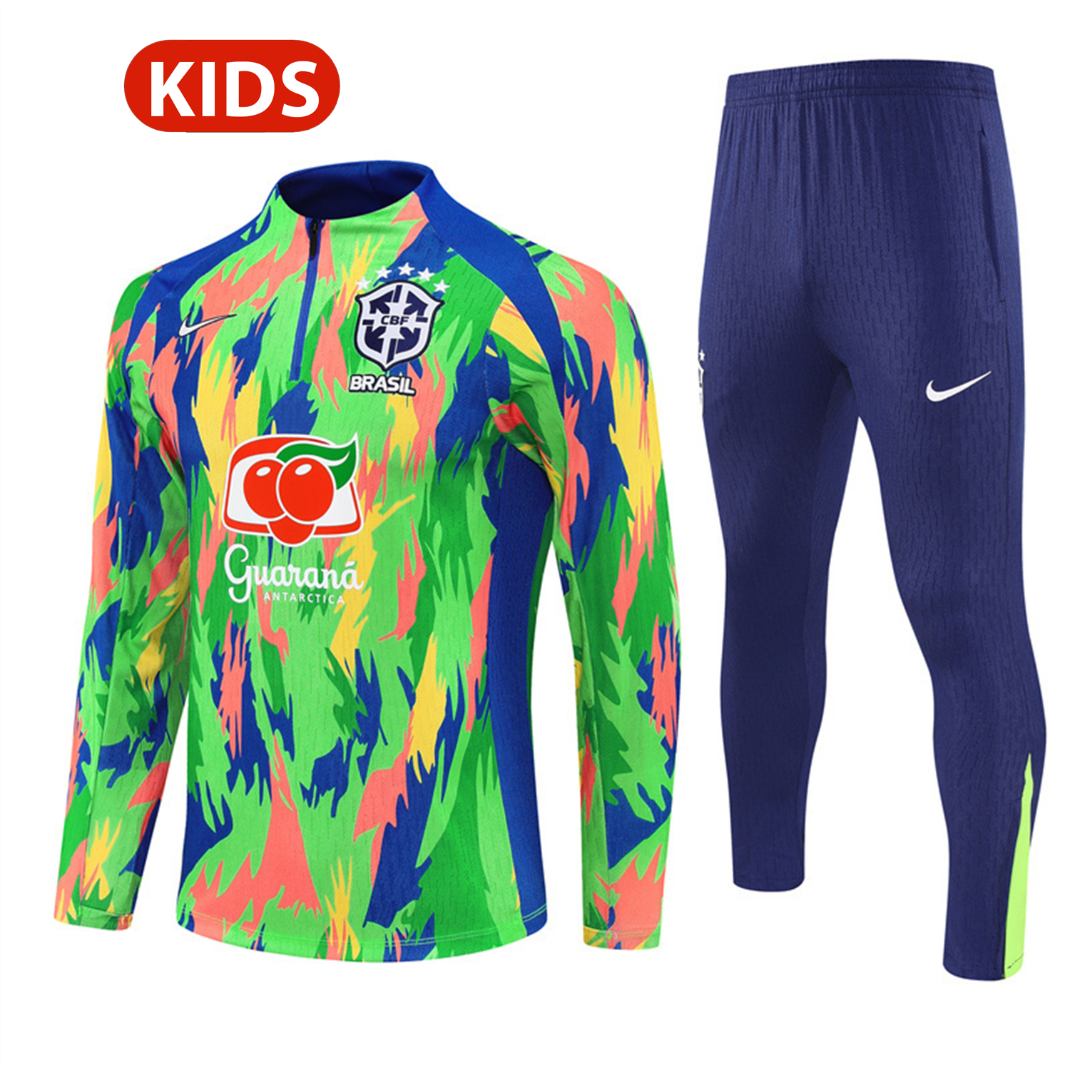 AlphaJersey-Brazil 25-26 Kids Long Sleeve Training Set - Colorful Camouflage Top & Royal Blue Pants