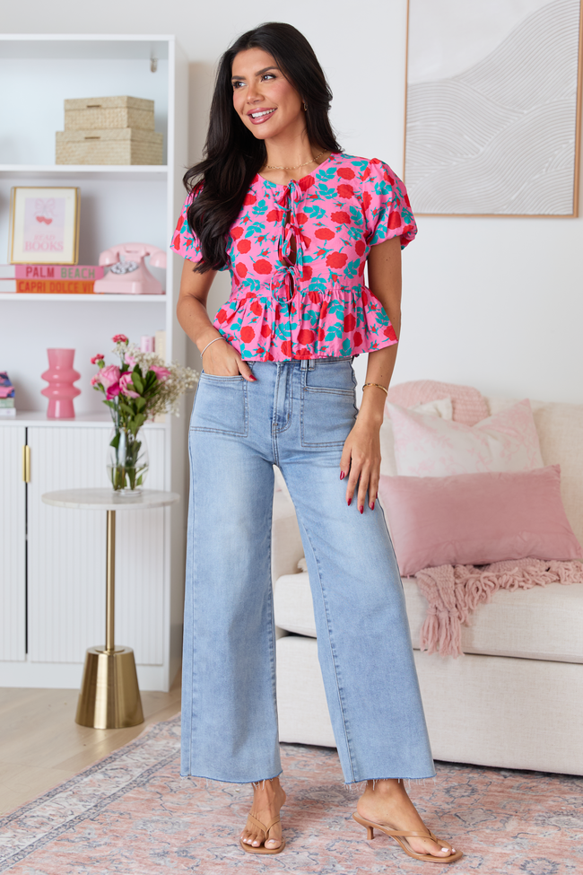 Mila Pink And Red Floral Tie Front Flounce Woven Blouse SALE | Elegant Women's Fashion by coolavocek