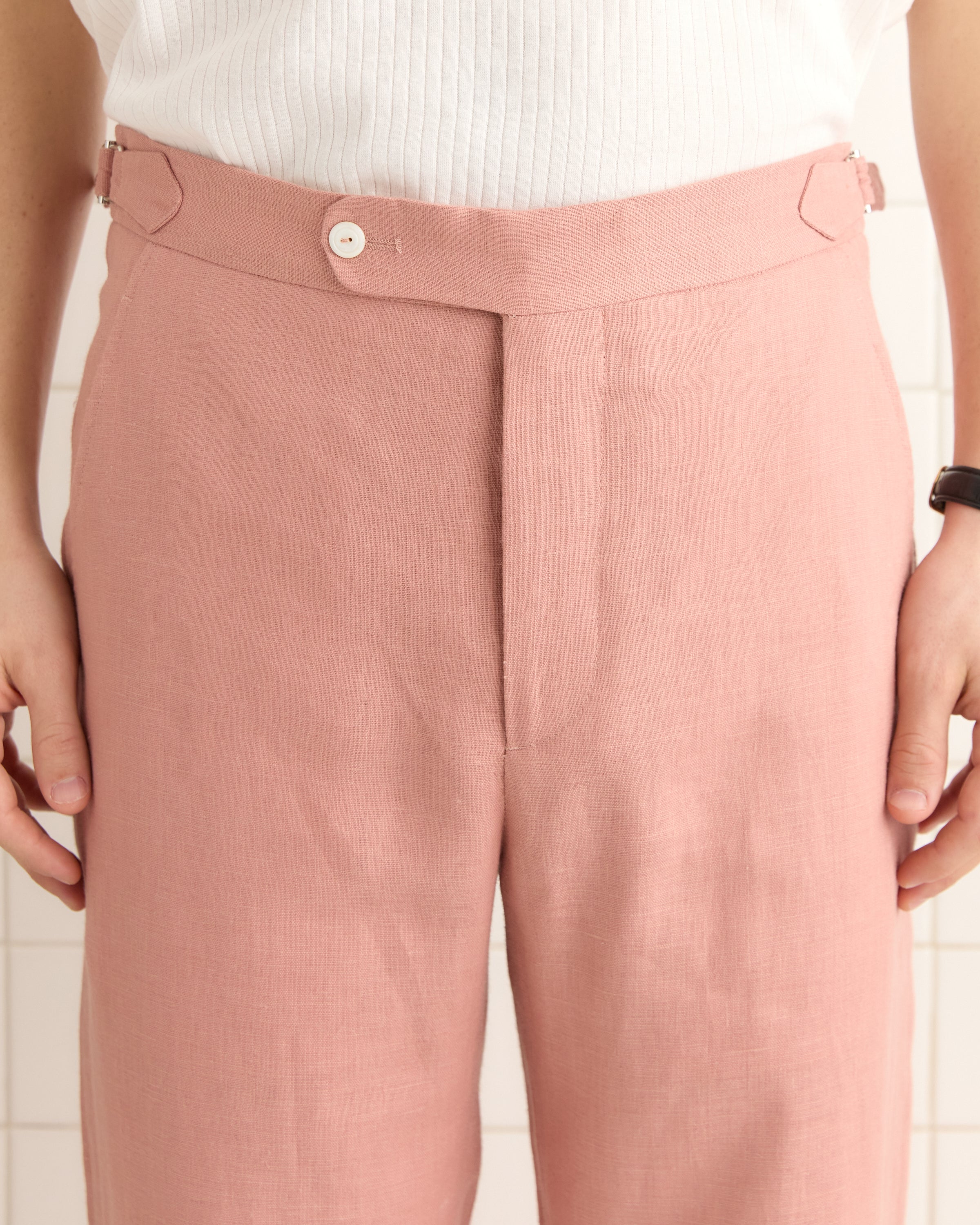 Lightweight Linen Side-Buckle Trousers - Pink | Modern Menswear by yycbvcnbmmnbm