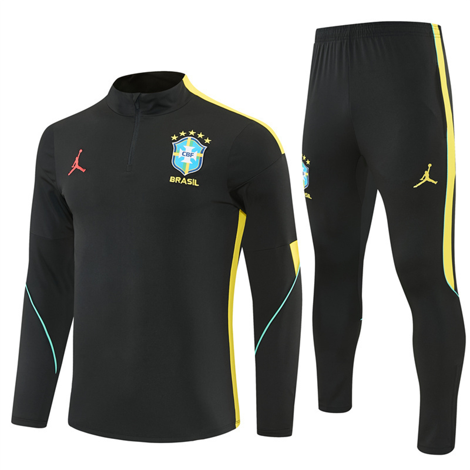 AlphaJersey-Brazil X JD 2026 Long Sleeves Training Set - Black Top And Black Yellow Pants