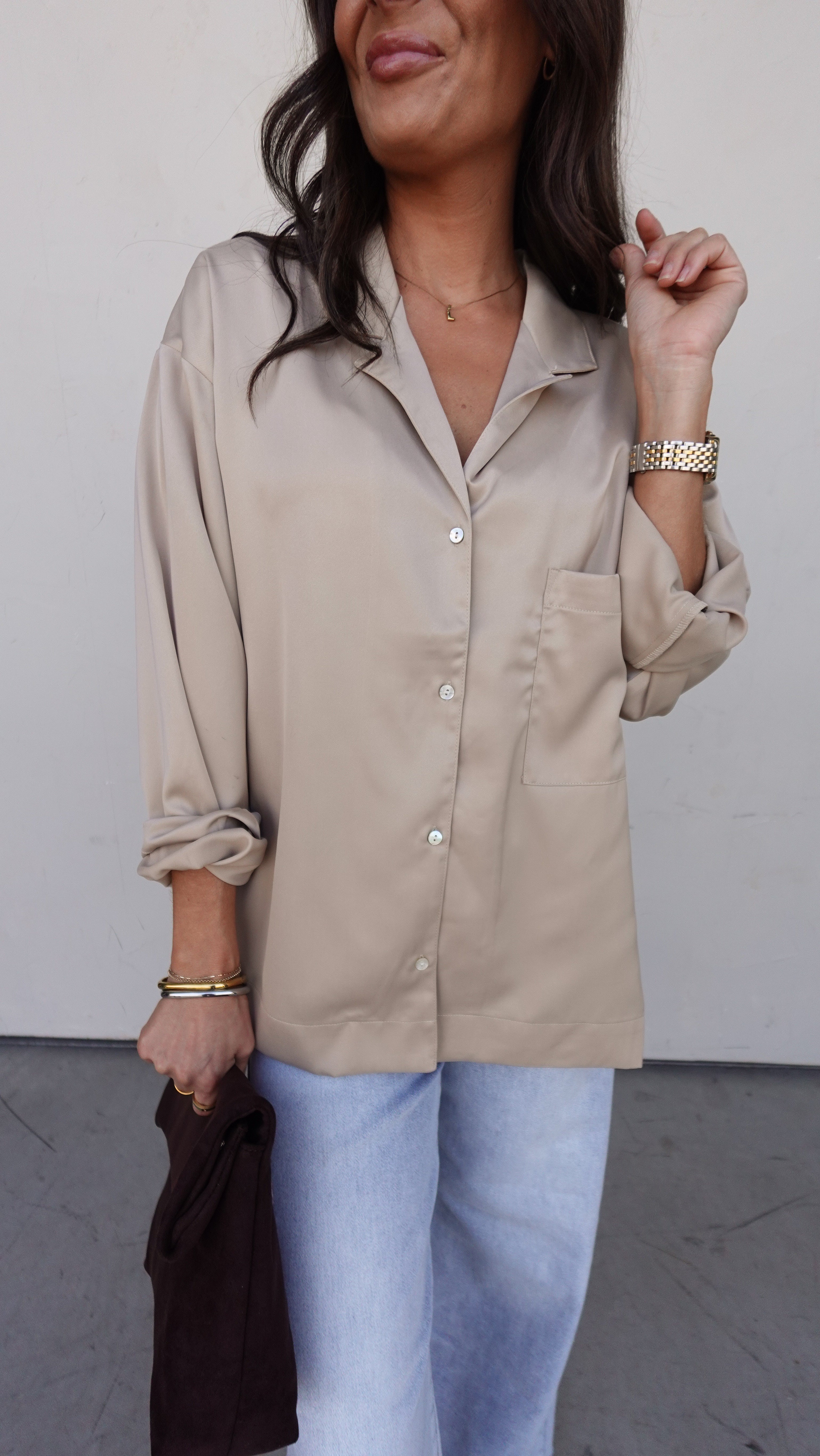 Champagne Satin Button-Up Top | Elegant Women's Fashion by coolavocek