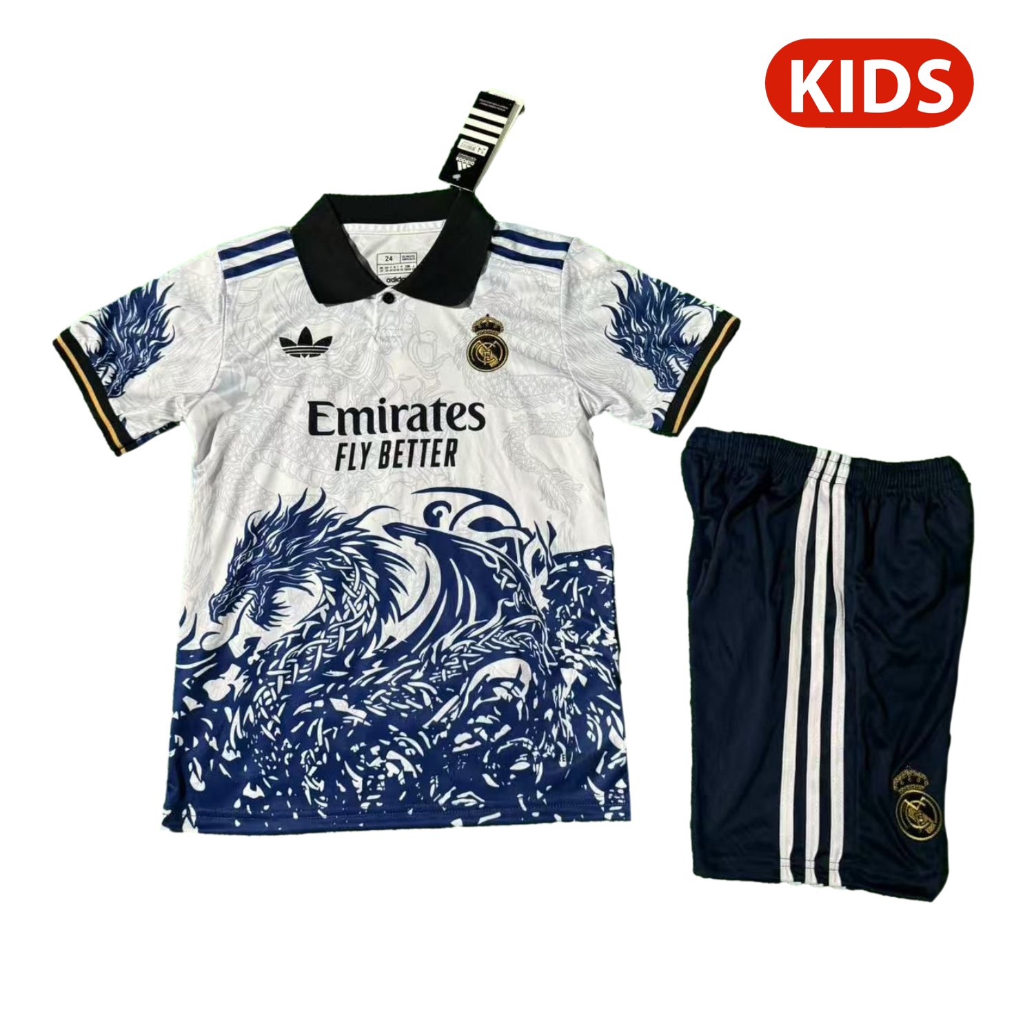 AlphaJersey-Real Madrid 25-26 Blue Fire Dragon White Special Polo Kids Kit