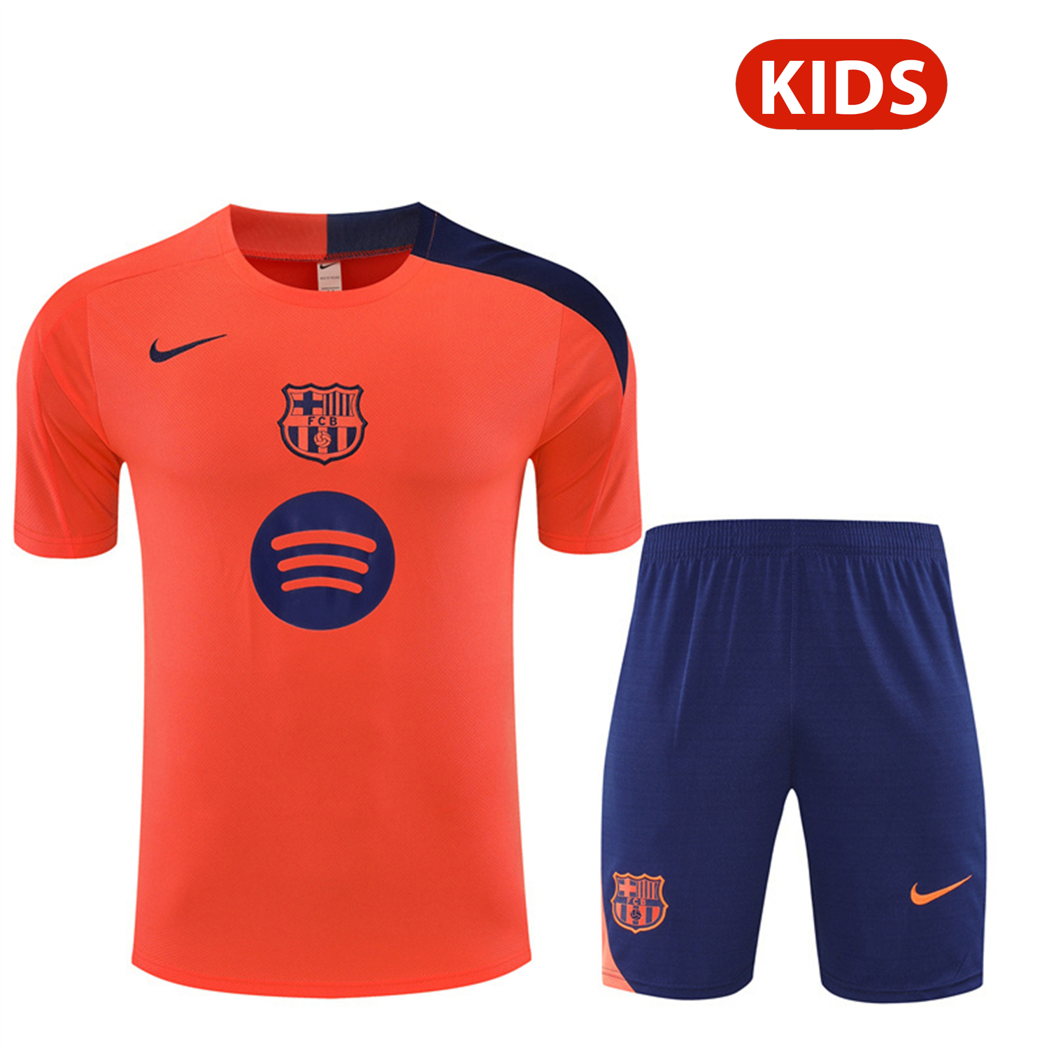 AlphaJersey-Barcelona 25-26 Kids Short-Sleeve Training Set - Orange Top Royal Blue Sponsor & Royal Blue Shorts