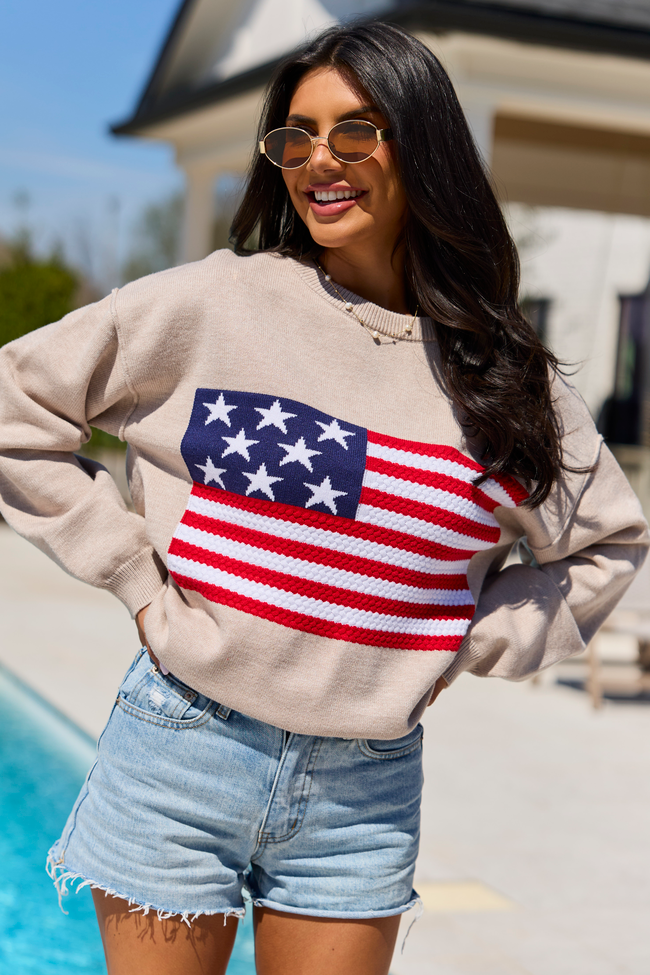 Home Of The Free Taupe Textured Flag Sweater DOORBUSTER | Elegant Women's Fashion by coolavocek