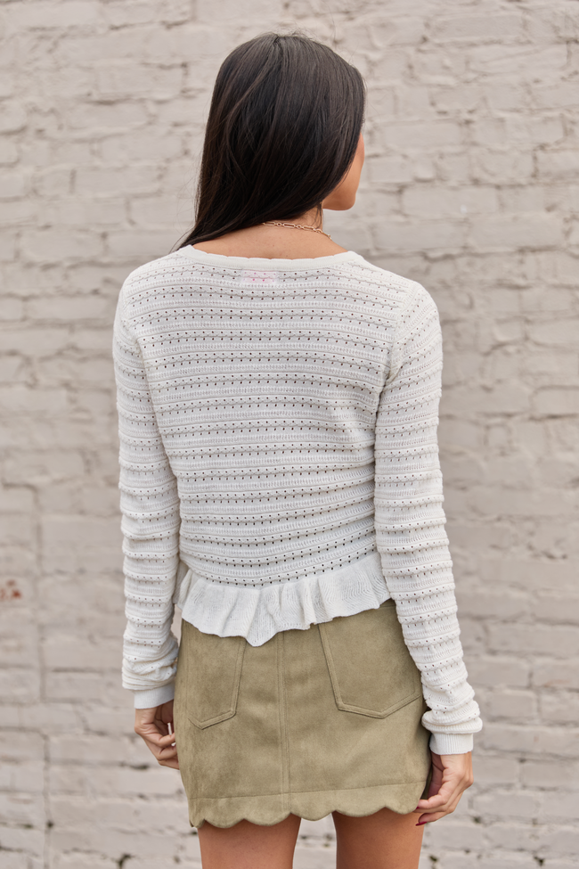 Charlotte Ivory Open Knit Ruffle Trim Sweater SALE | Elegant Women's Fashion by coolavocek