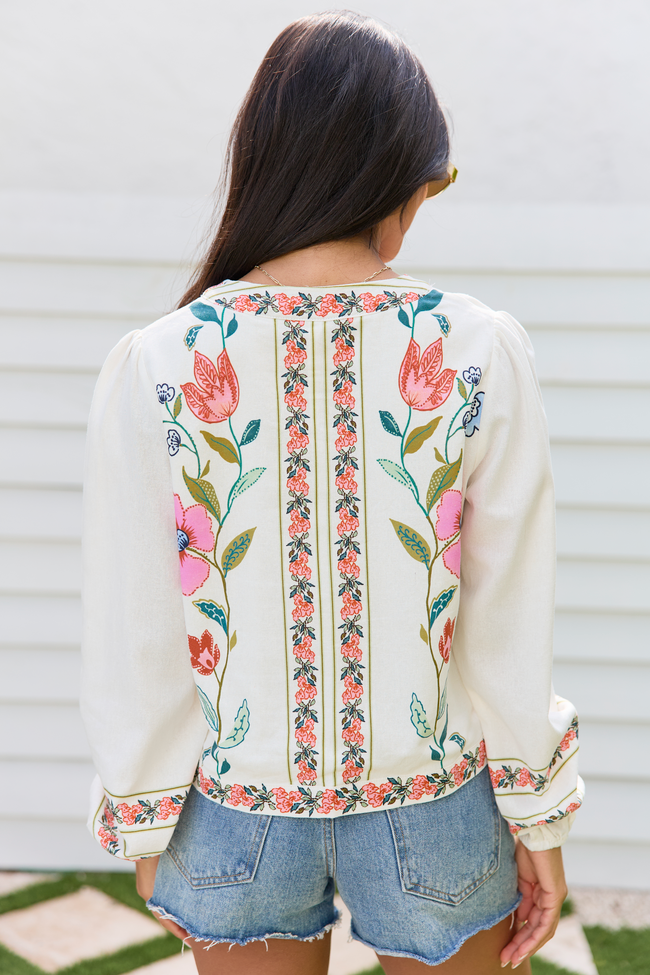 Maclyn White Floral Long Sleeve Tie Front Top | Elegant Women's Fashion by coolavocek
