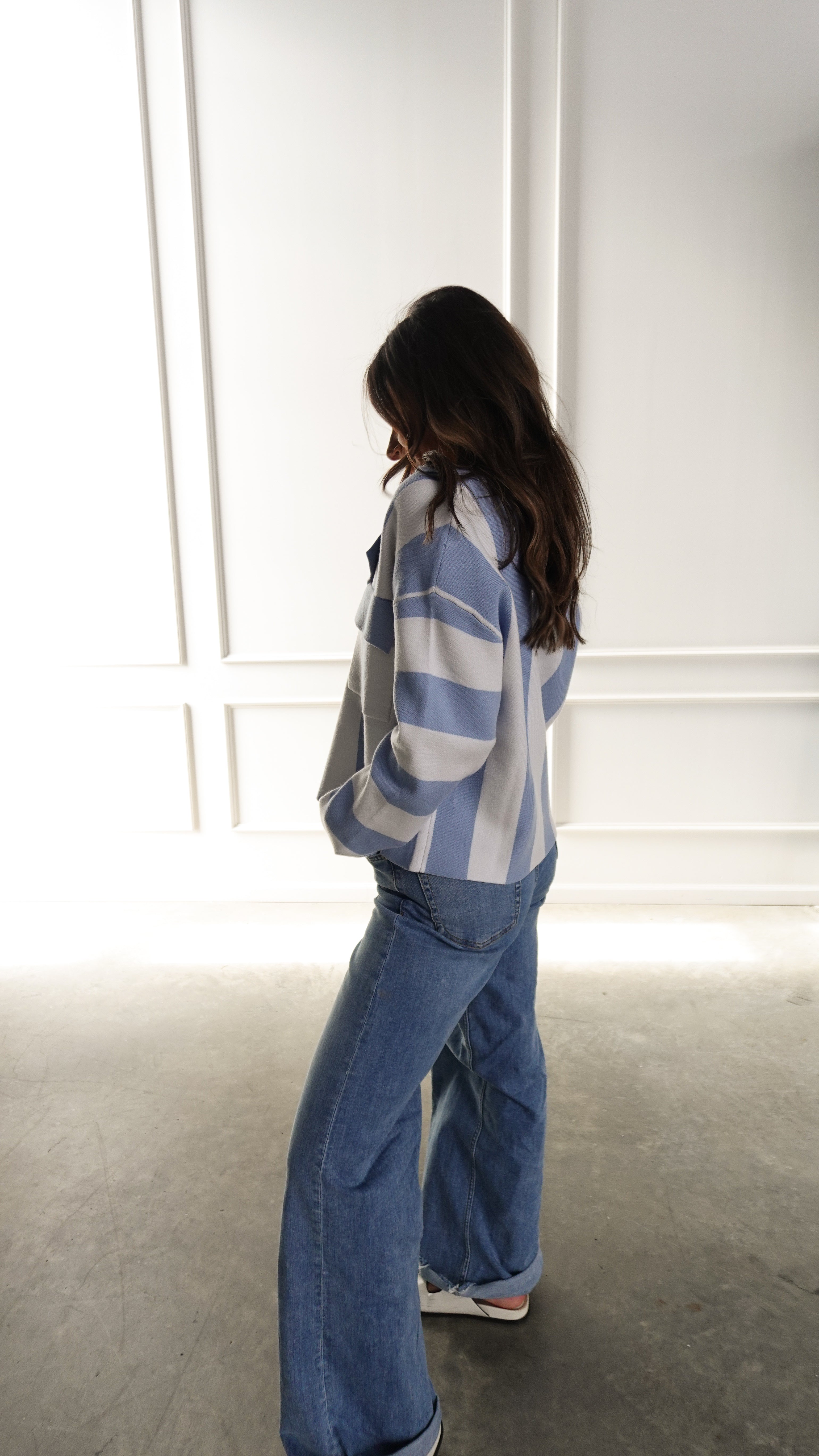 Blue Striped Collared Cardigan | Elegant Women's Fashion by coolavocek
