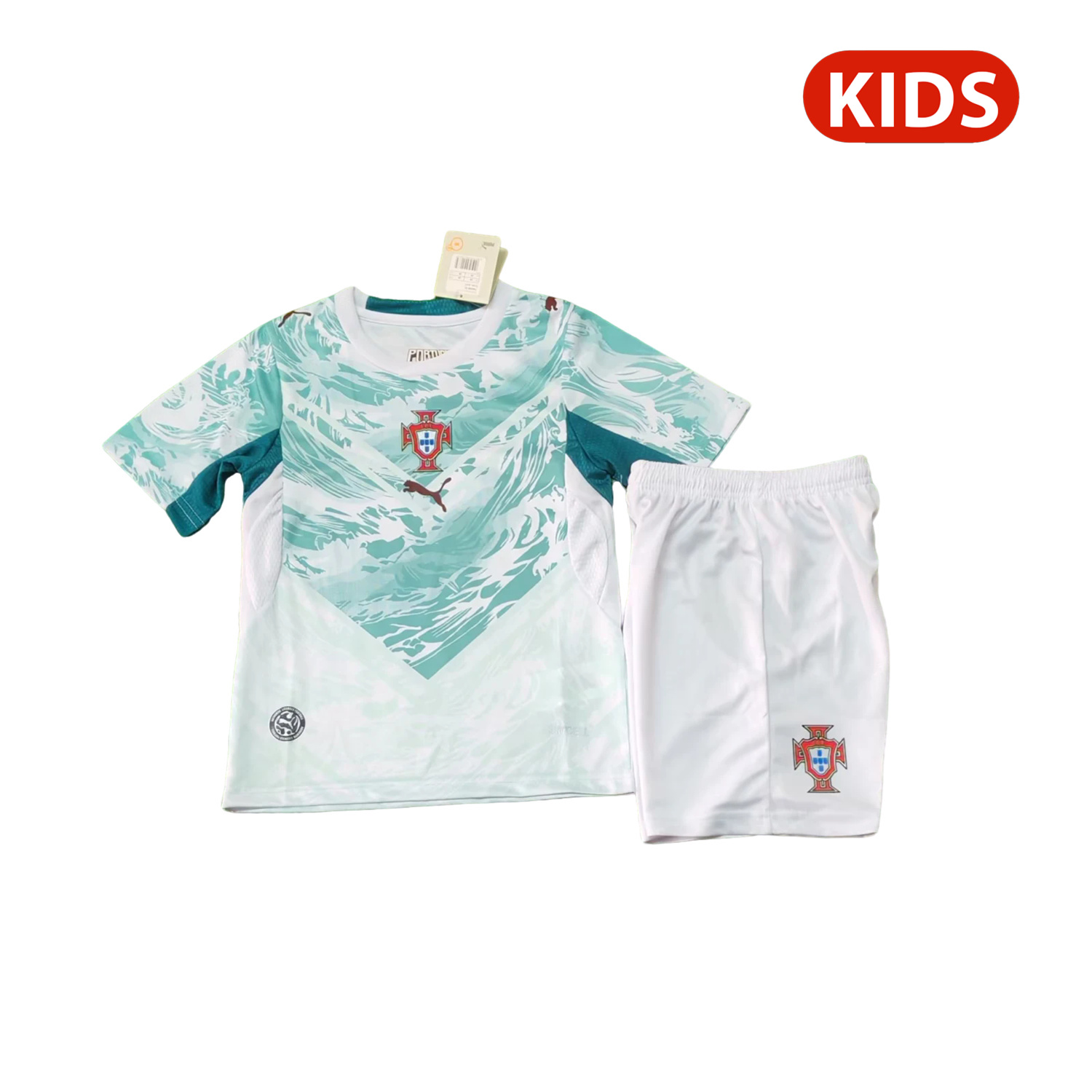 AlphaJersey-Portugal 2026 Away White And Cyan Kids Kit