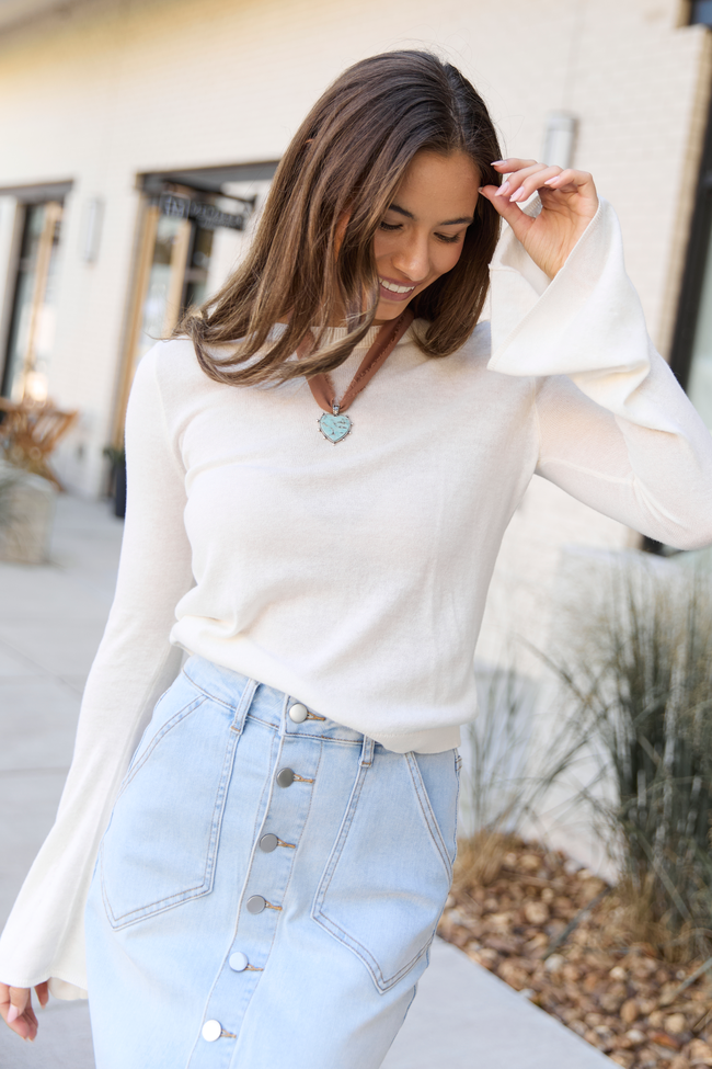 Deanna Cream Bell Sleeve Knit Top | Elegant Women's Fashion by coolavocek
