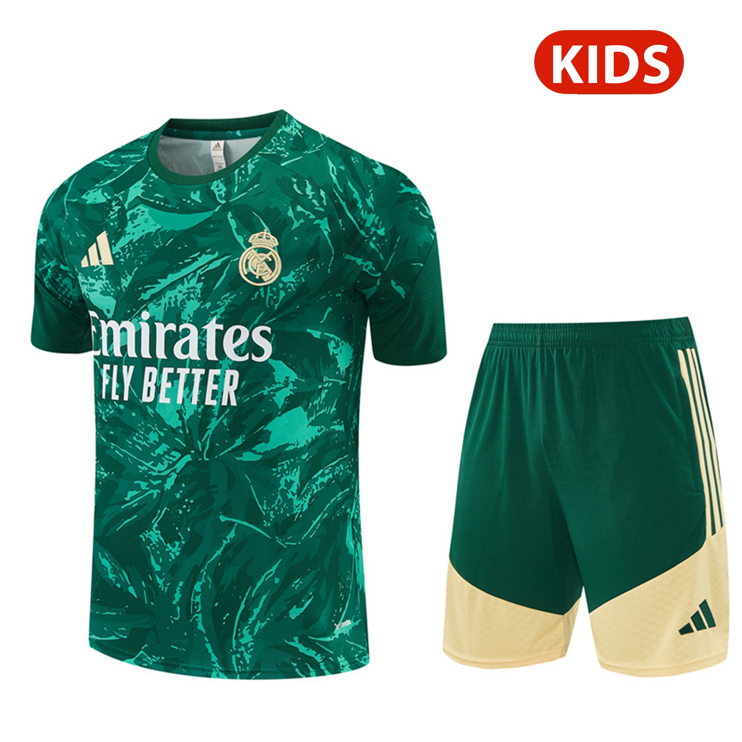AJ-AlphaJersey-Real Madrid 26-27 Kids Short-Sleeve Training Set - Green Camouflage Top & Green Shorts