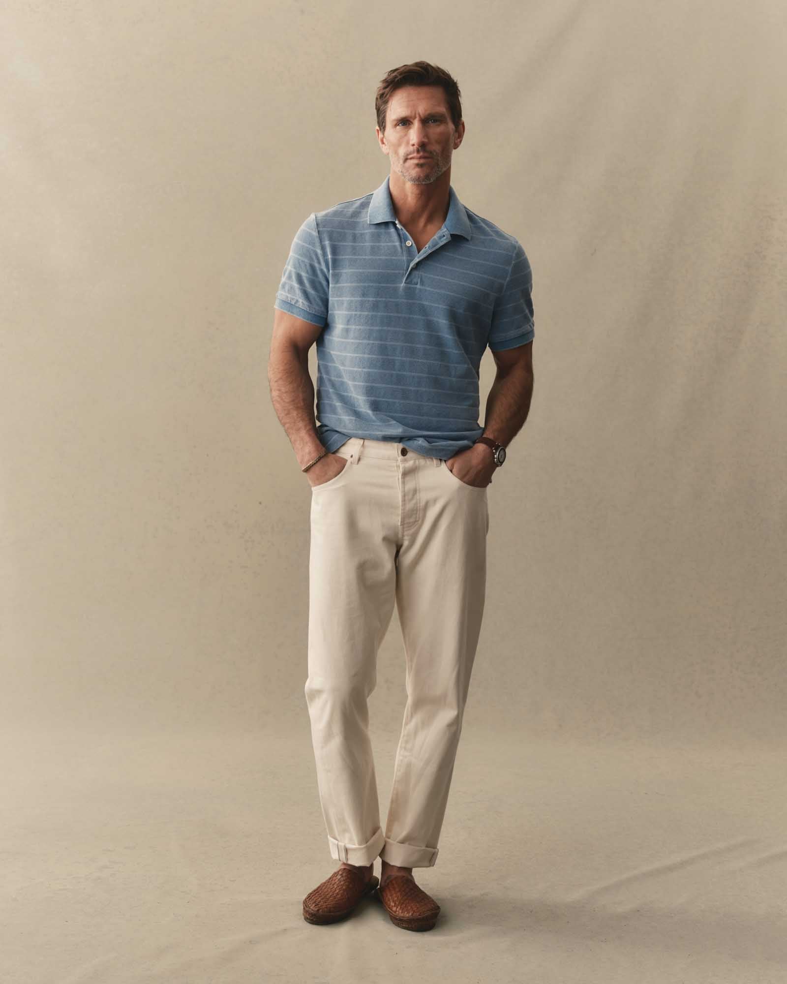 The Pacific Polo in Washed Indigo Pique Stripe | Modern Menswear by yycbvcnbmmnbm