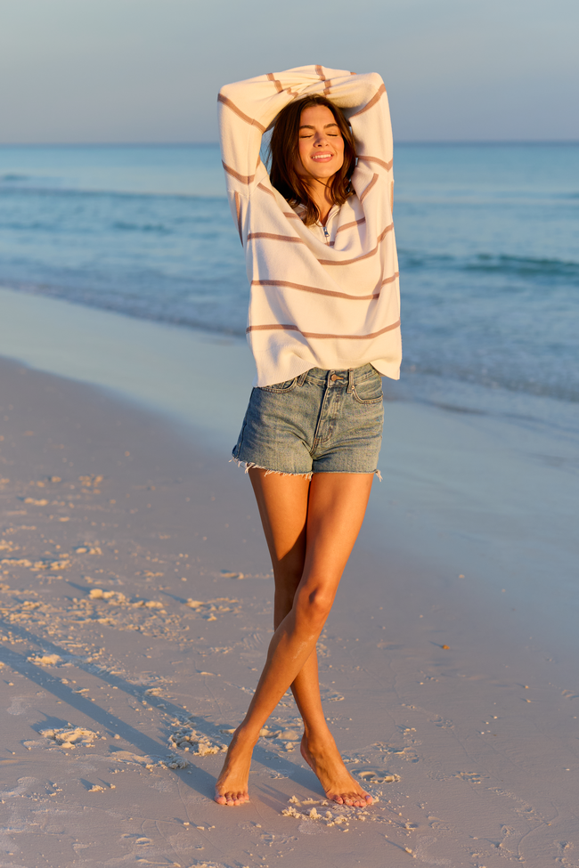 Sunday Stripe Club White And Taupe Quarter Zip | Elegant Women's Fashion by coolavocek