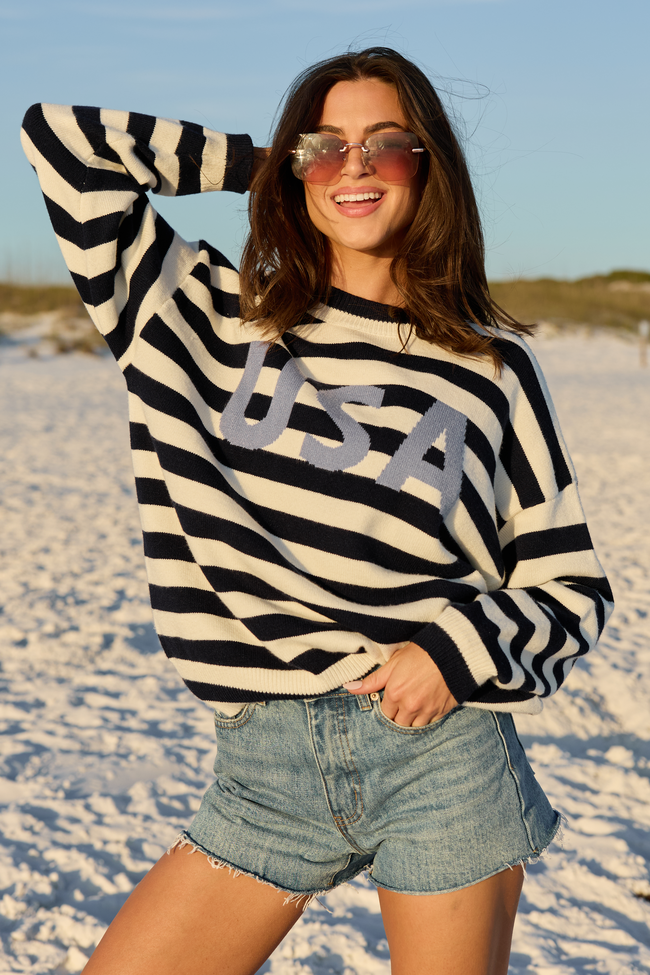 USA Navy And Ivory Striped Sweater | Elegant Women's Fashion by coolavocek