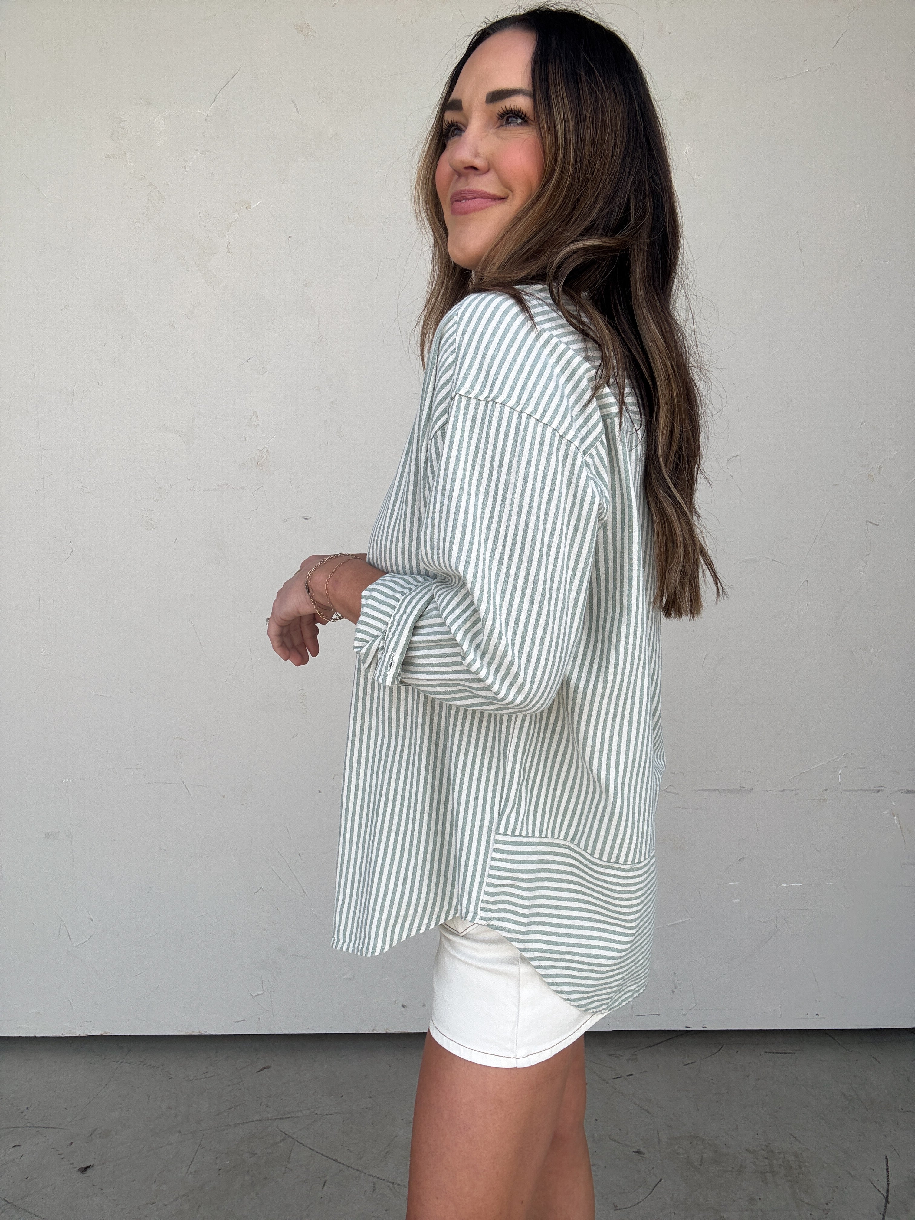 Sage Striped Button-Down Shirt | Elegant Women's Fashion by coolavocek