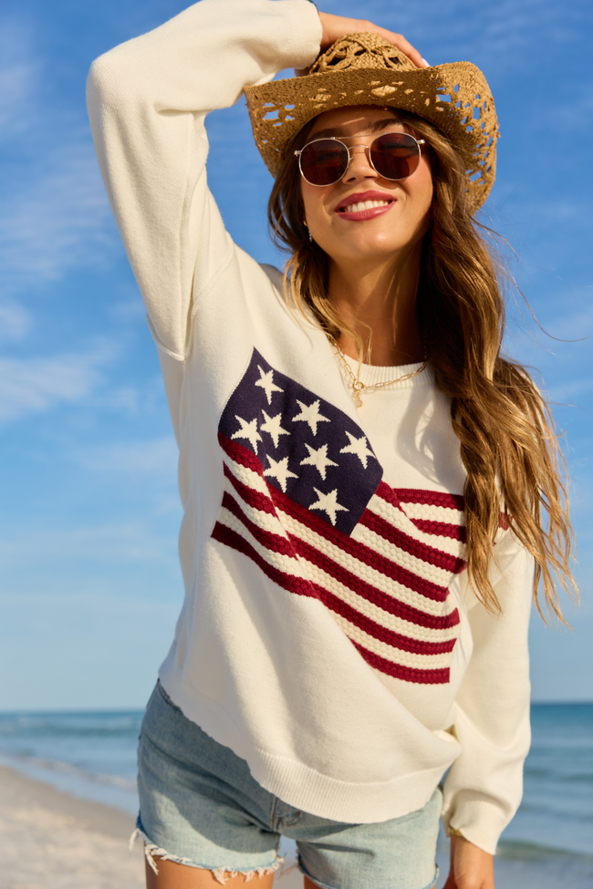 Home Of The Free Ivory Textured Flag Sweater DOORBUSTER | Elegant Women's Fashion by coolavocek