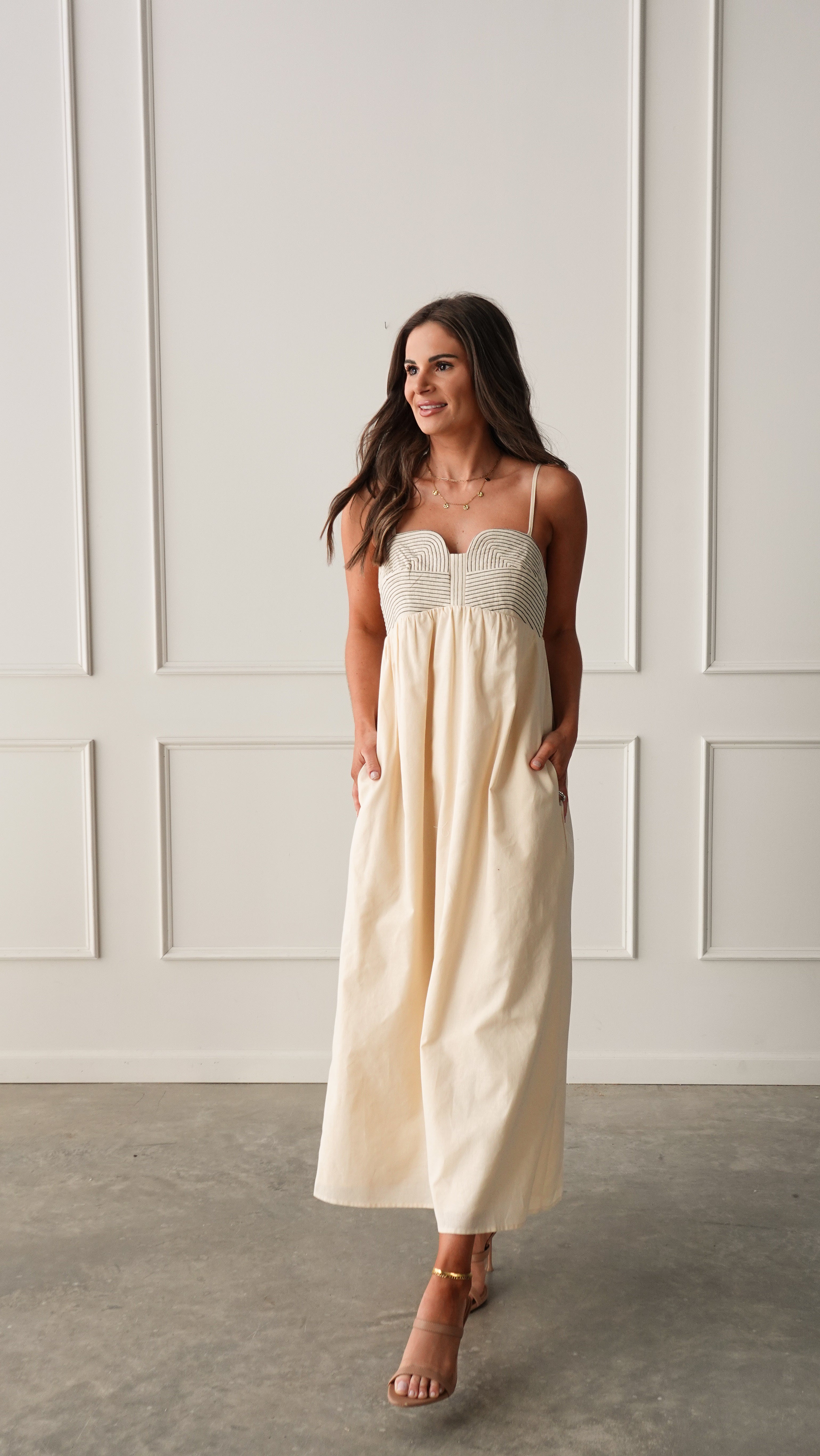Sand Top-Stitch Midi Dress | Elegant Women's Fashion by coolavocek