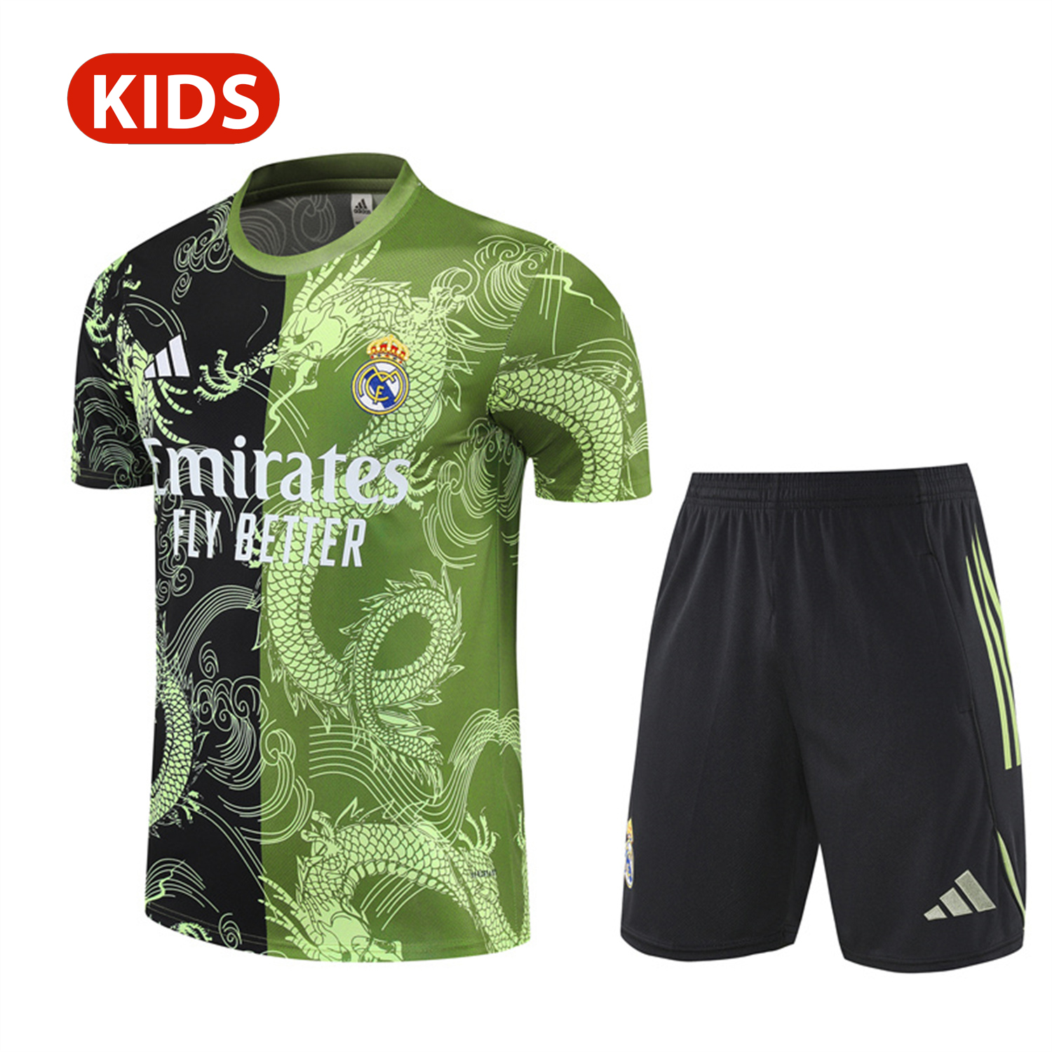 AlphaJersey-Real Madrid 25-26 Kid Short-Sleeve Training Set - Green Black Top & Black Shorts