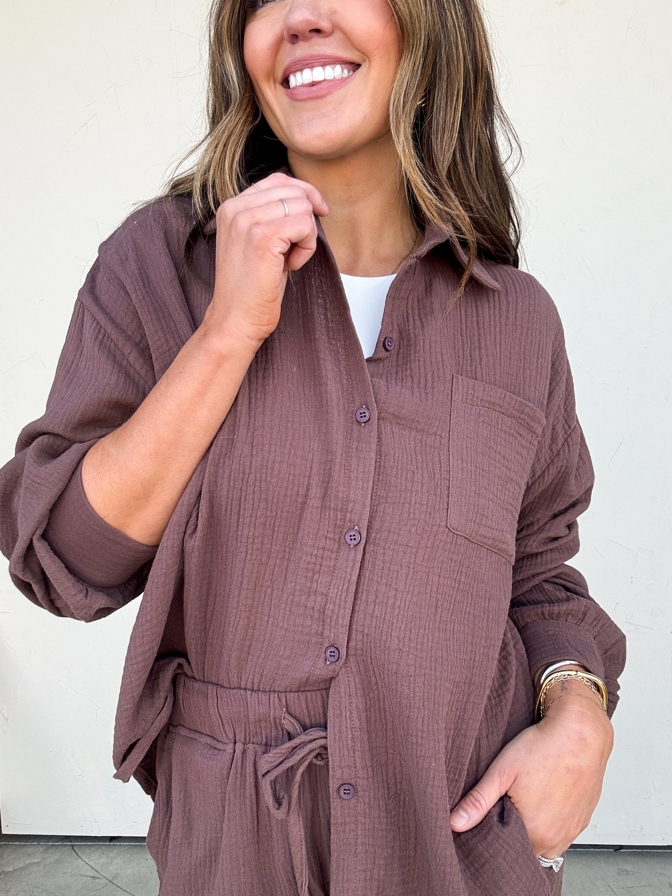 Brown Textured Shirt and Pant Set | Elegant Women's Fashion by coolavocek