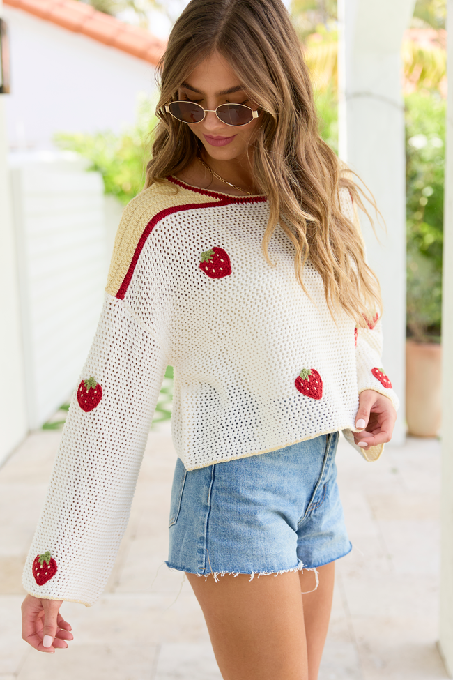 Madi Ivory Strawberry Crewneck Sweater | Elegant Women's Fashion by coolavocek