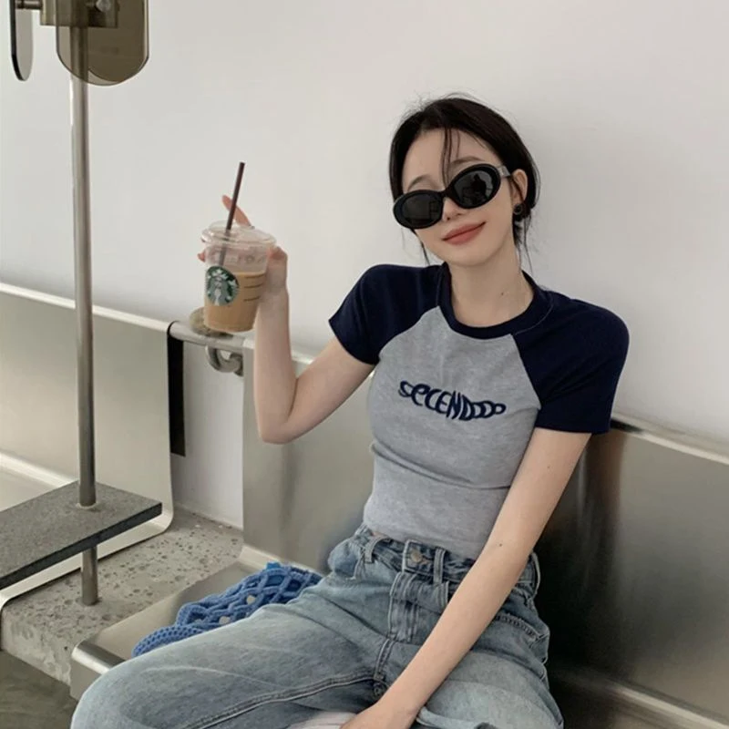 Cartoon Letter Print Tops Tshirt Women Korean Style Slim Sexy  Elasticity T-Shirt Clothes Womens Summer Streetwear Tee Crop Tops
