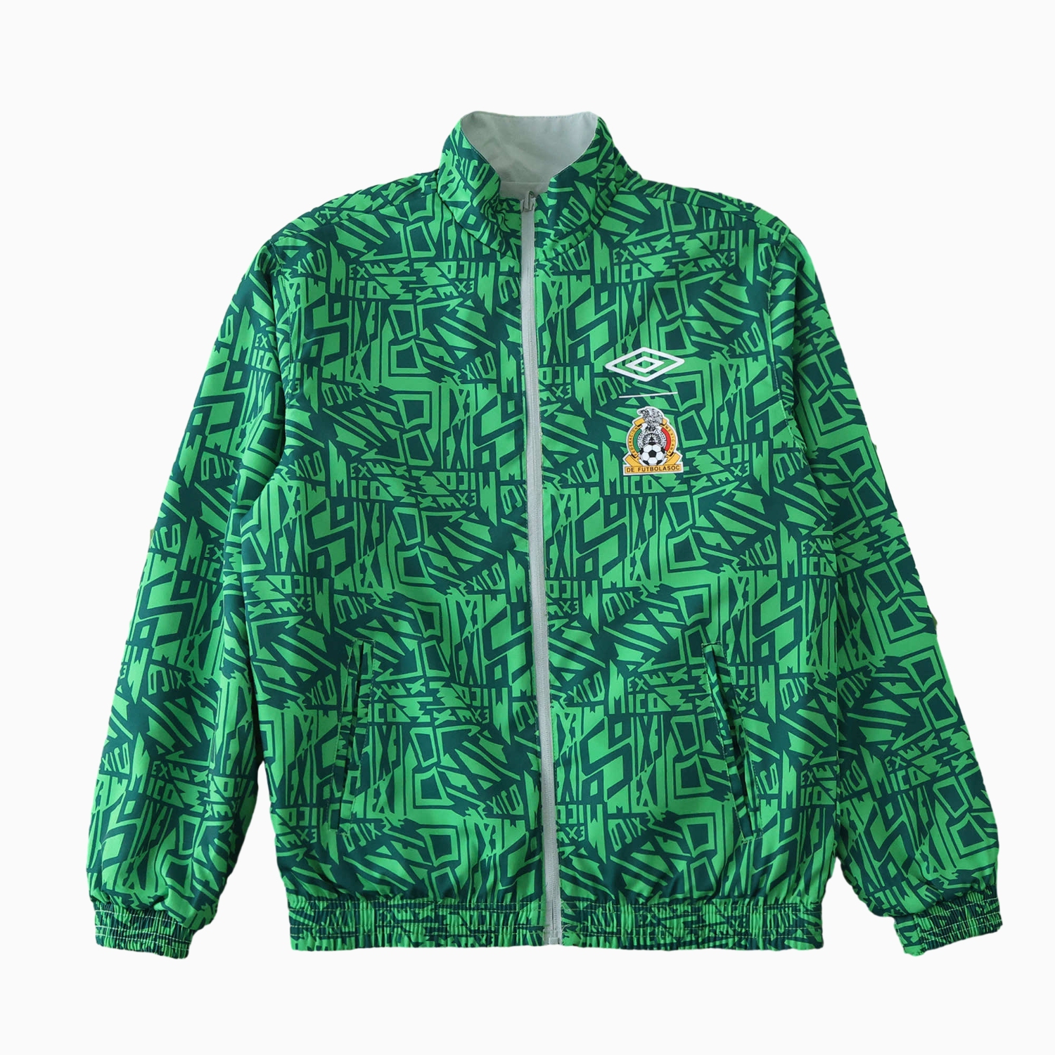 AlphaJersey-Retro Mexico 1994 Retro Style Double Sided Reversible Windbreaker - Green & Grey