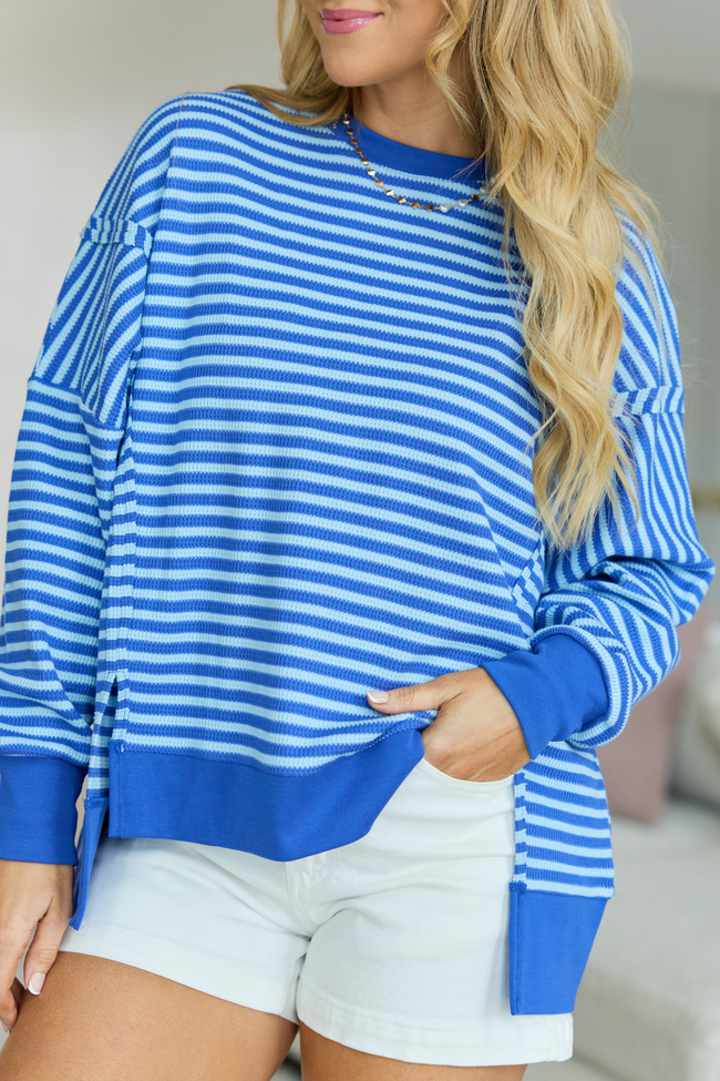 Kara Blue Stripe Waffle Pullover | Elegant Women's Fashion by coolavocek