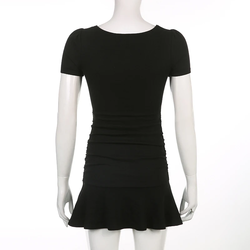 ZOKI Ruched Black Dress Women Square Collar Short Sleeve Slim Mini Dress Summer Korean Fashion Folds Ruffles Bodycon Sundress