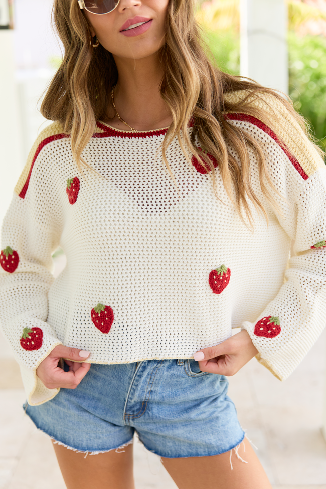 Madi Ivory Strawberry Crewneck Sweater | Elegant Women's Fashion by coolavocek
