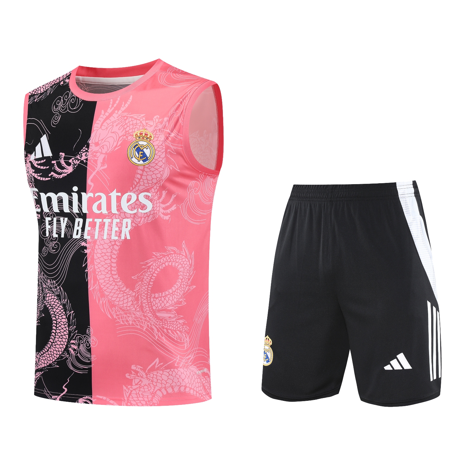 AlphaJersey-Real Madrid 25-26 Vest Training Set - Pink-Black Dragon Vest & Black-White Shorts