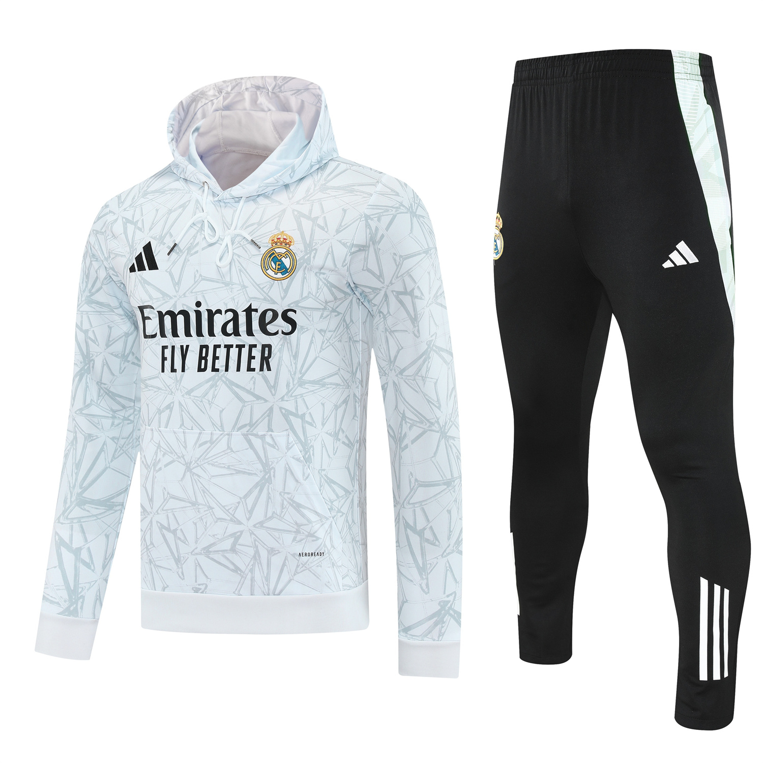 AlphaJersey-Real Madrid 25-26 Traning Hoodie Set - Triangular Spots White Hoodie With Black Pants