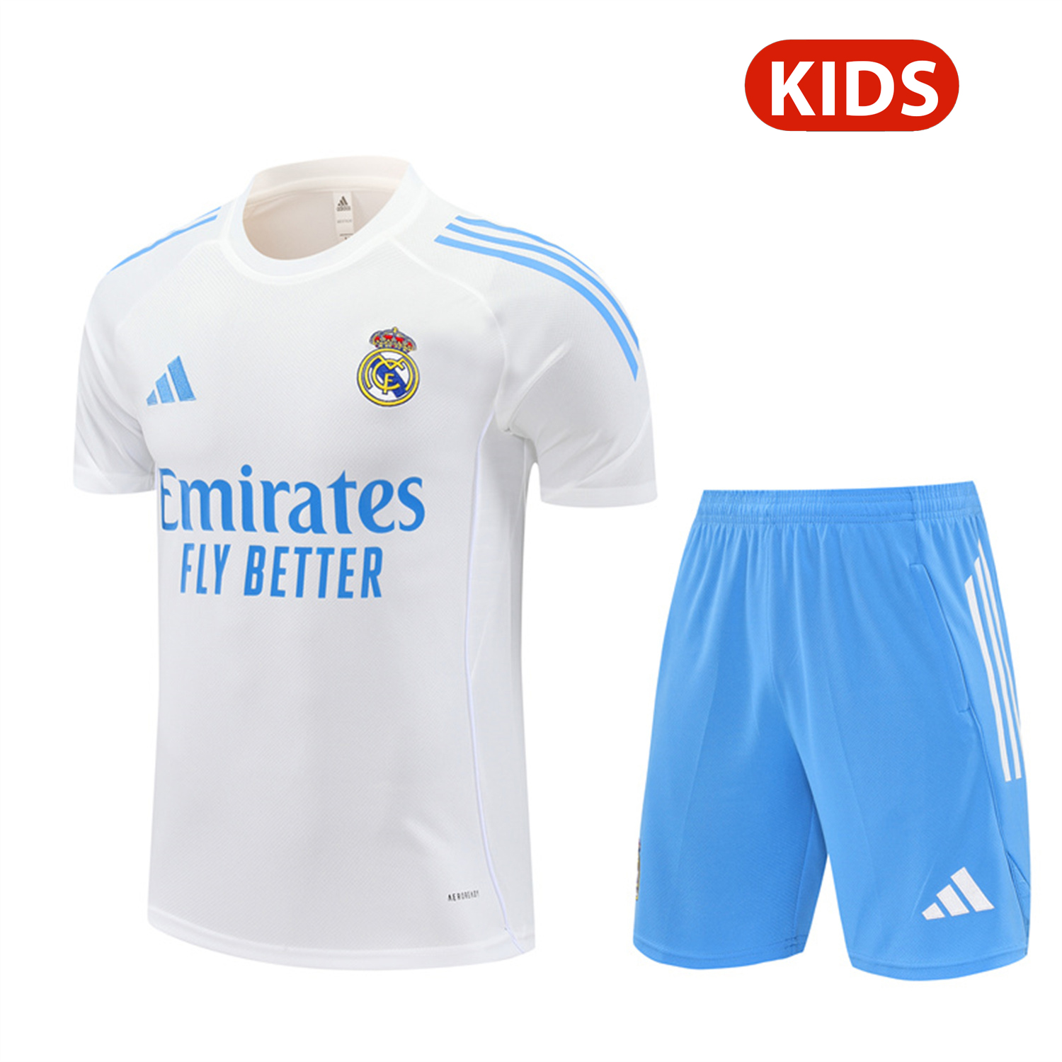 AlphaJersey-Real Madrid 25-26 Kids Short-Sleeve Training Set - White Top and Sky Blue Shorts