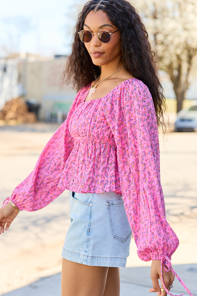 Evelina Pink Floral Ruched Babydoll Top | Elegant Women's Fashion by coolavocek
