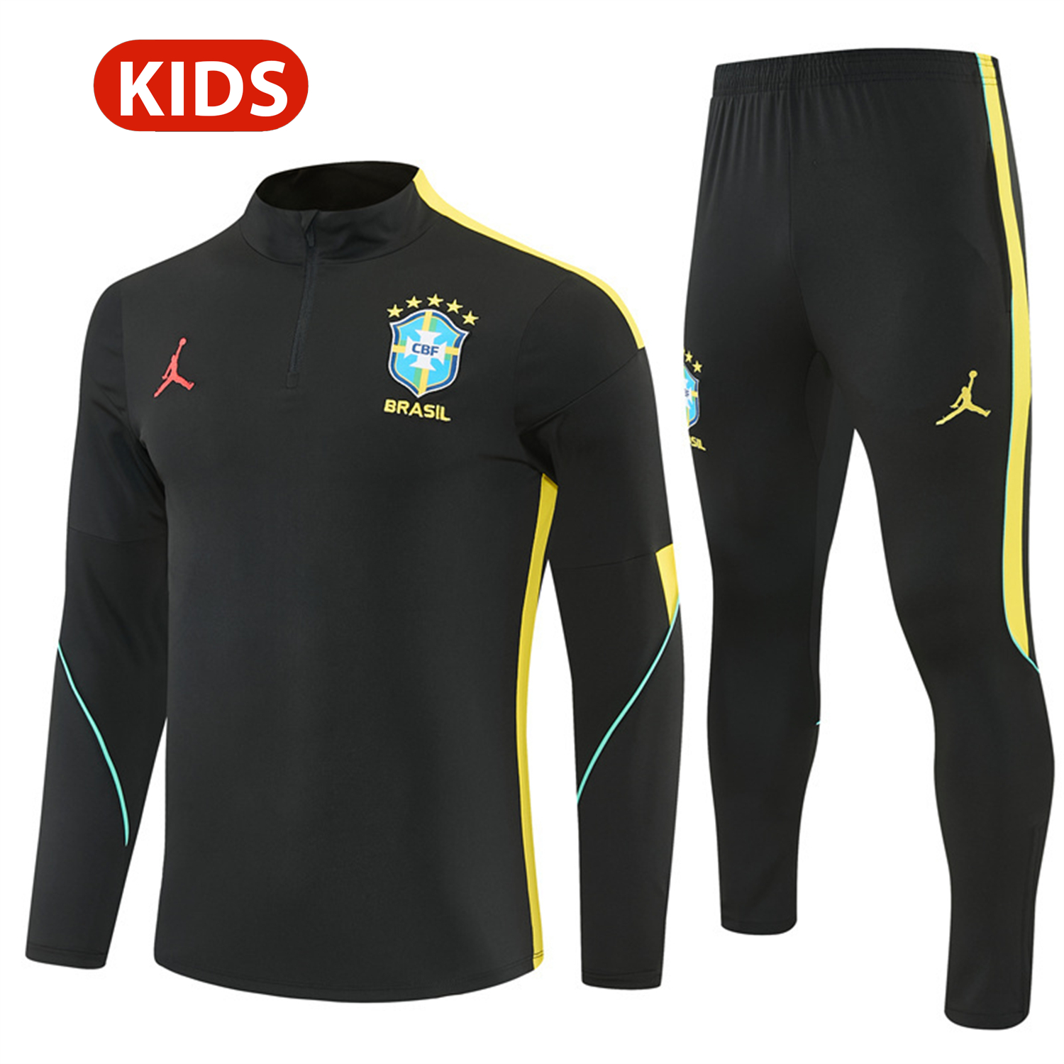 AlphaJersey-Brazil X JD 2026 Kids Long Sleeves Training Set - Black Top And Black Yellow Pants