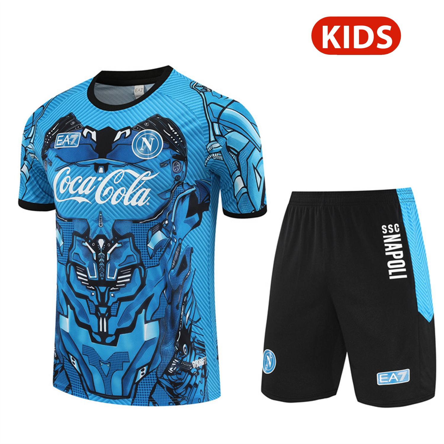 AlphaJersey-Napoli 25-26 Kids Short-Sleeve Training Set - Blue Mecha Top & Black Shorts