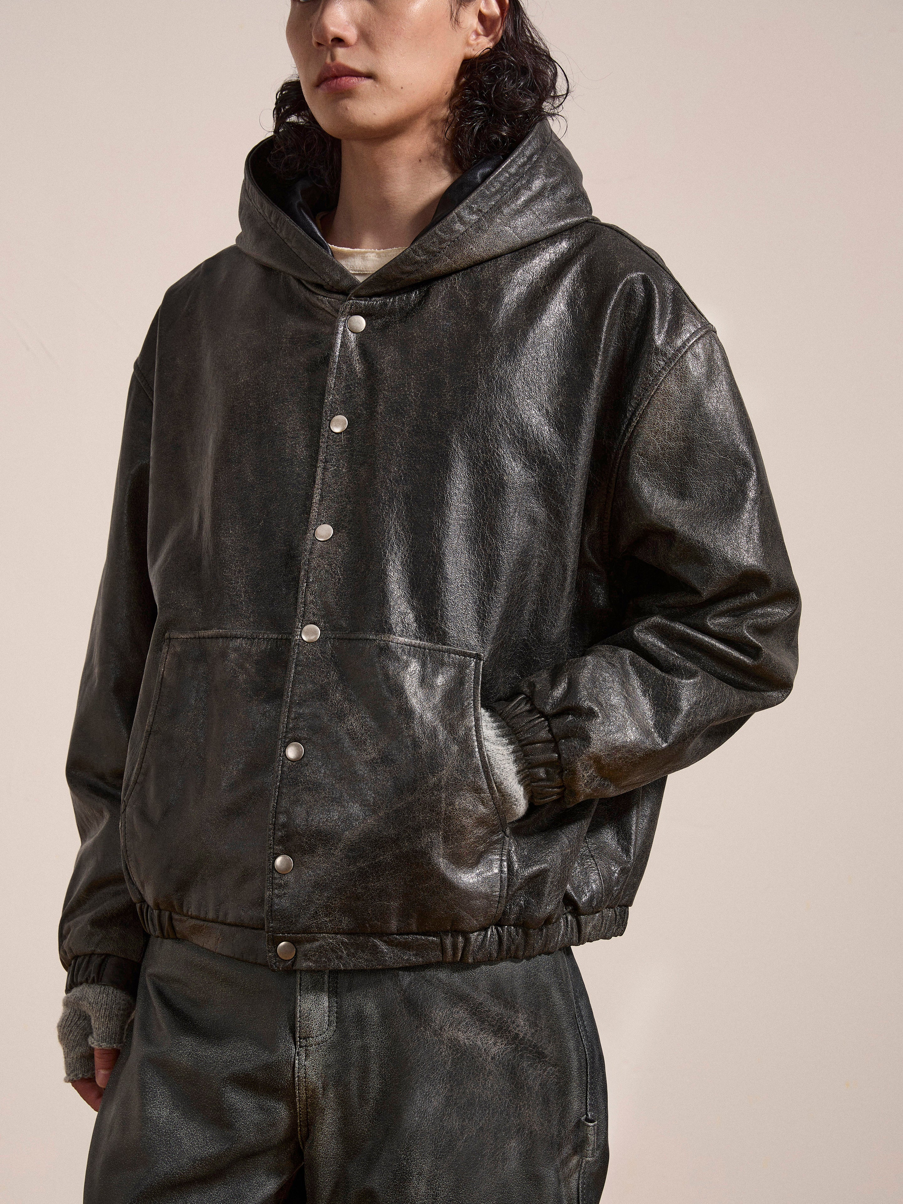 Distressed Genuine Leather Hoodie | Modern Menswear by yycbvcnbmmnbm