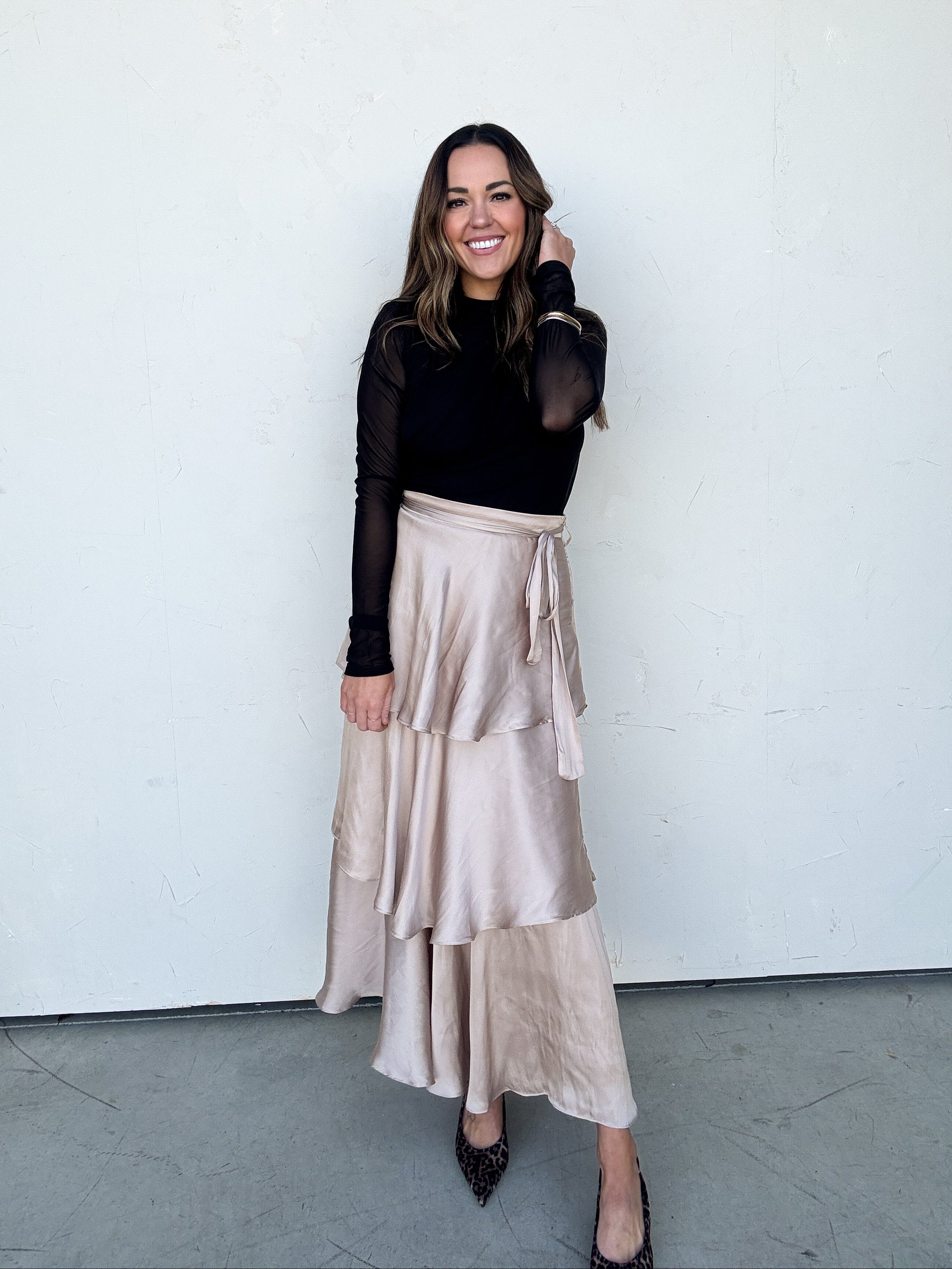 Tiered Satin Maxi Skirt | Elegant Women's Fashion by coolavocek